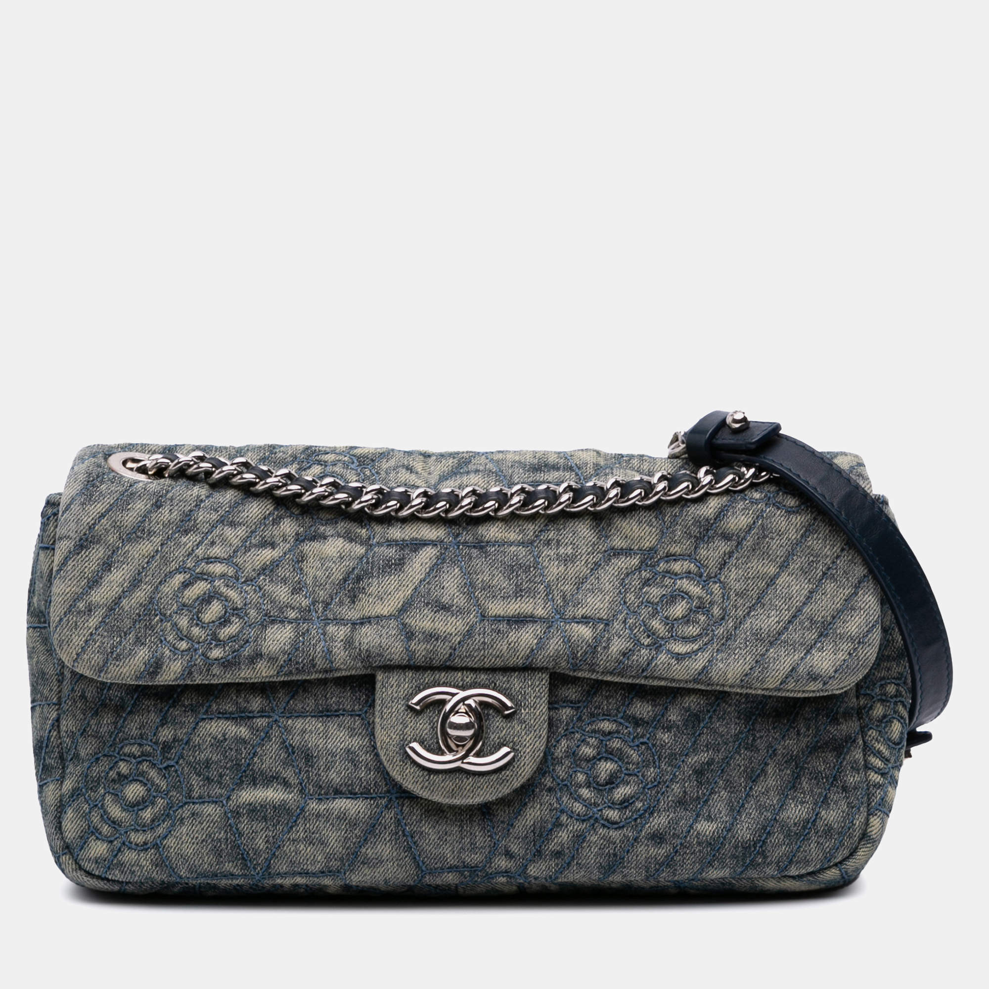 Pre Owned Chanel Blue Medium Embroidered Denim Camellia Flap