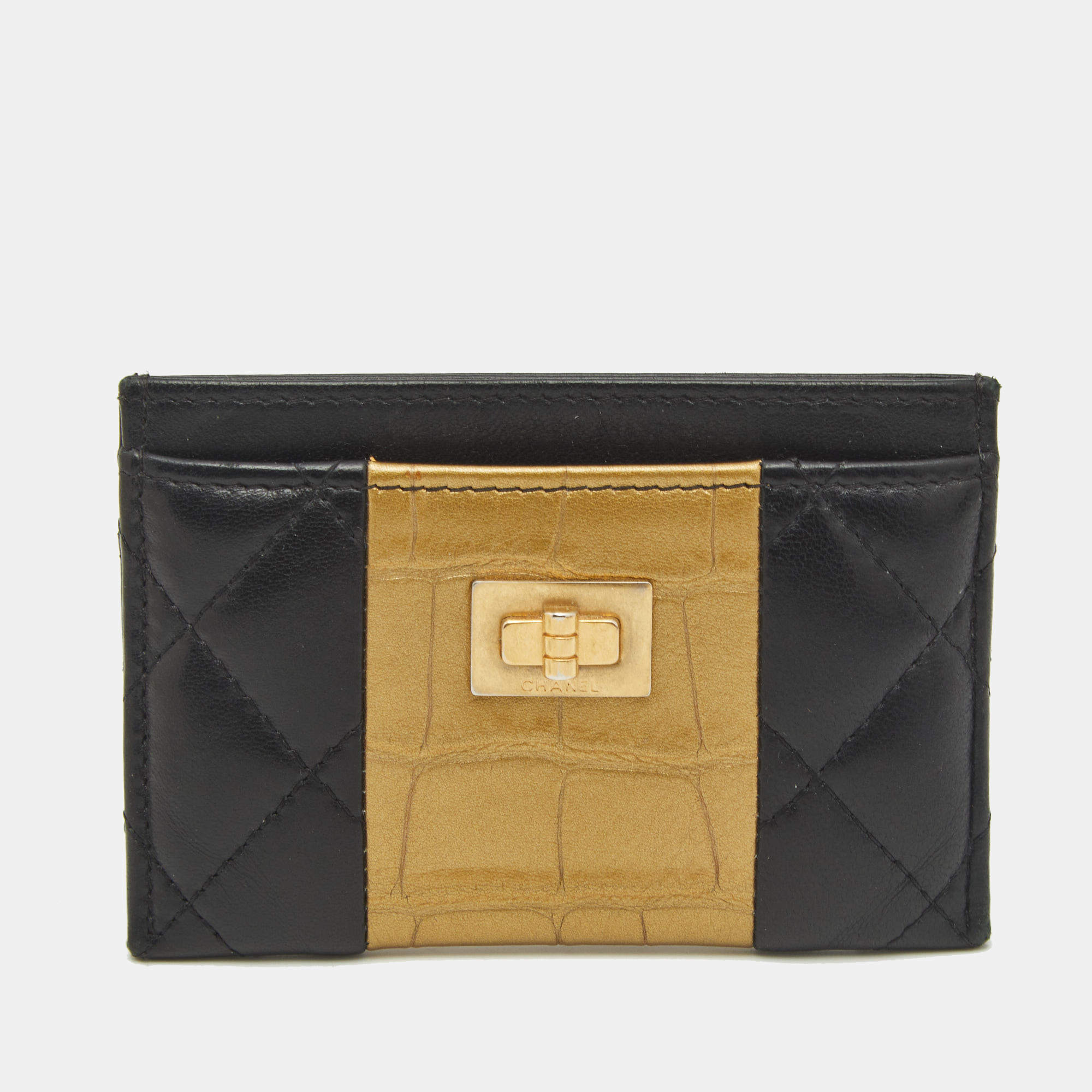 Chanel Black/Gold Crocodile Embossed and Leather Reissue 2.55 Card Holder 