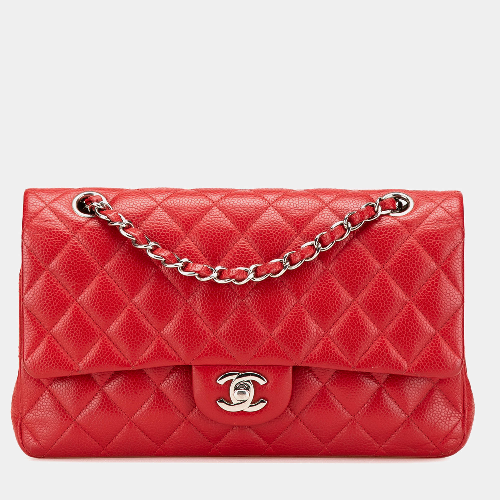 Pre Owned Chanel Red Medium Classic Caviar Double Flap