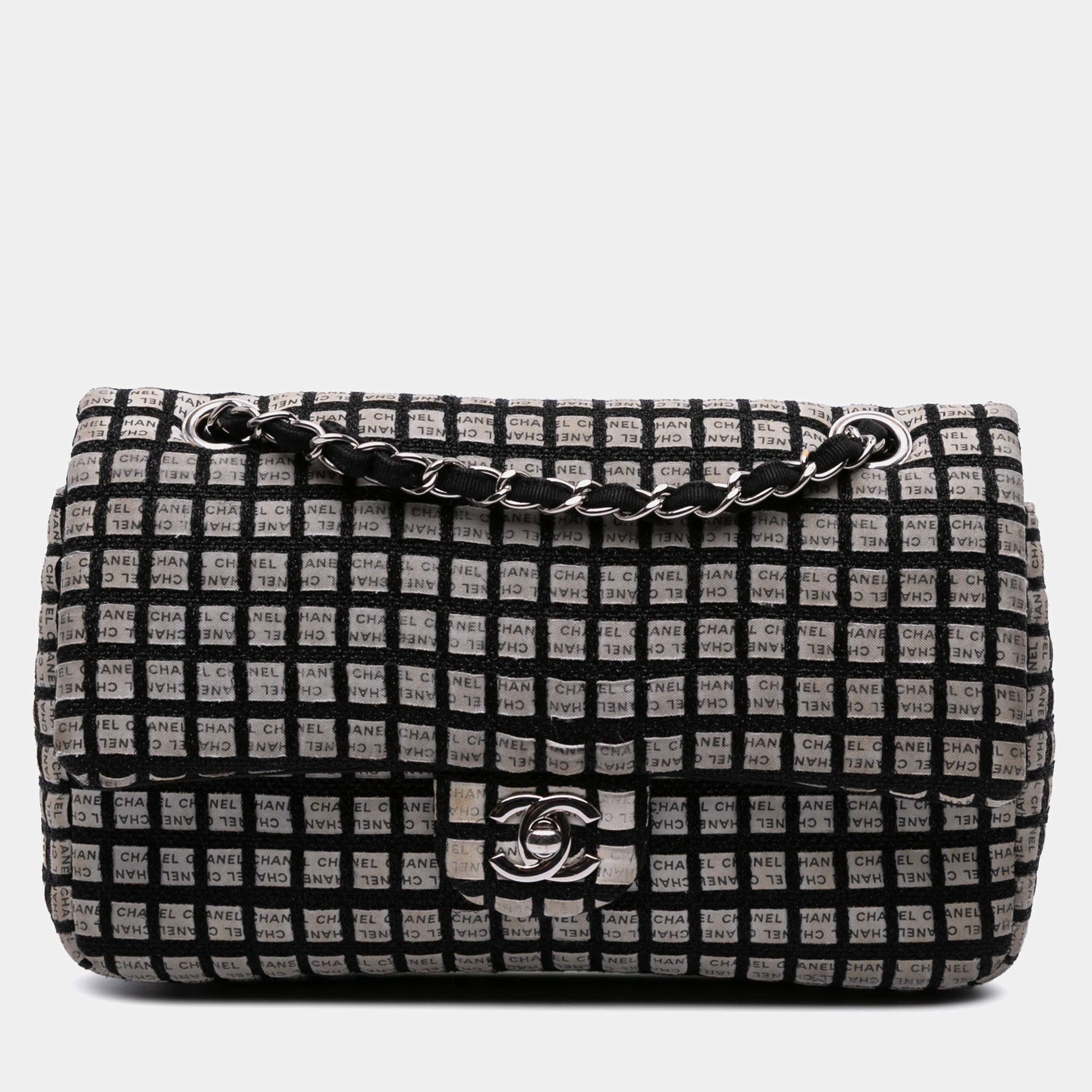 Chanel Black/White Medium Classic Ribbon Tweed Double Flap