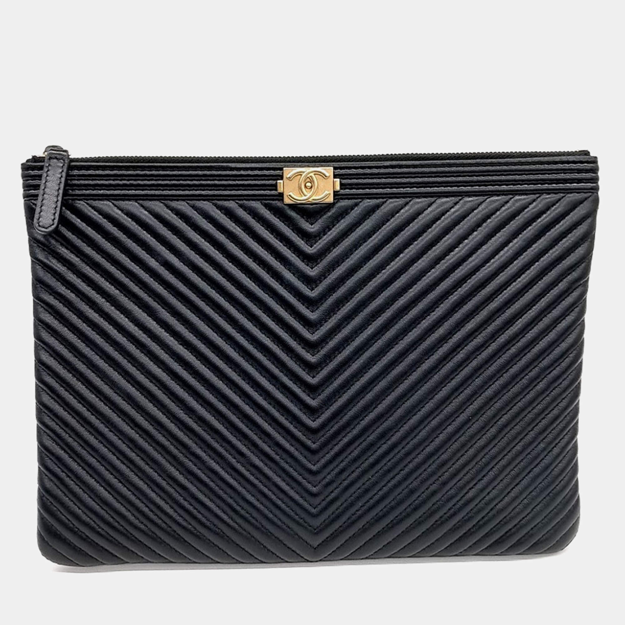 Chanel Black Leather Chevron Boy Clutch New Medium
