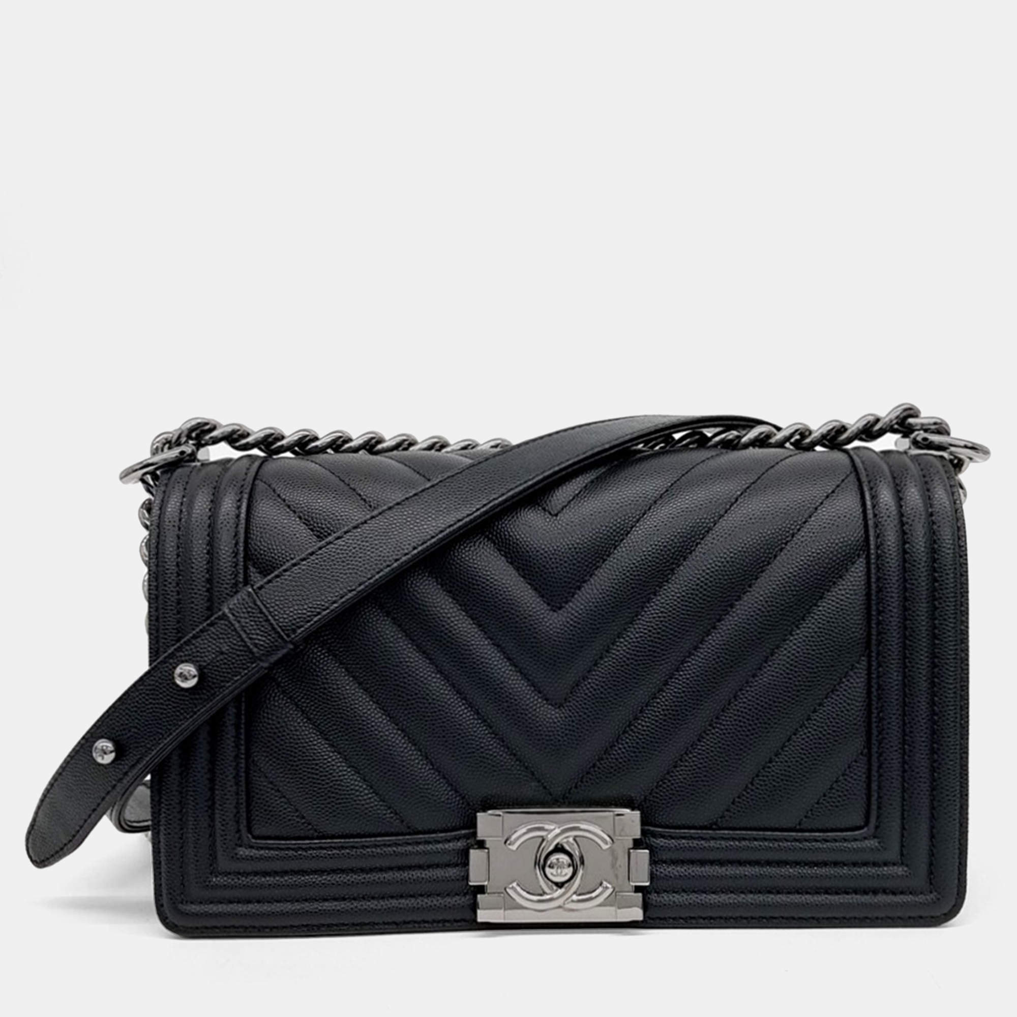 Chanel Black Leather Caviar Chevron Boy Bag Medium