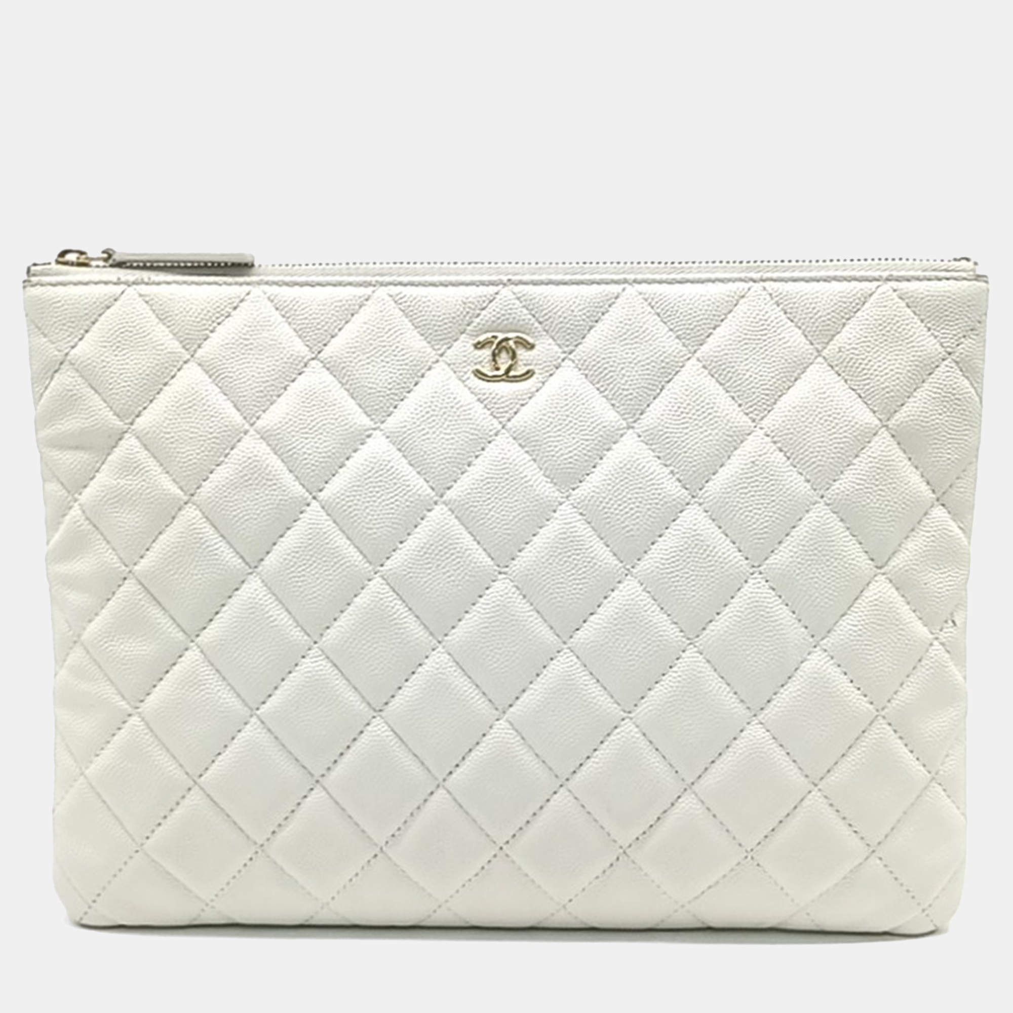 Chanel White Leather Caviar Clutch New Medium