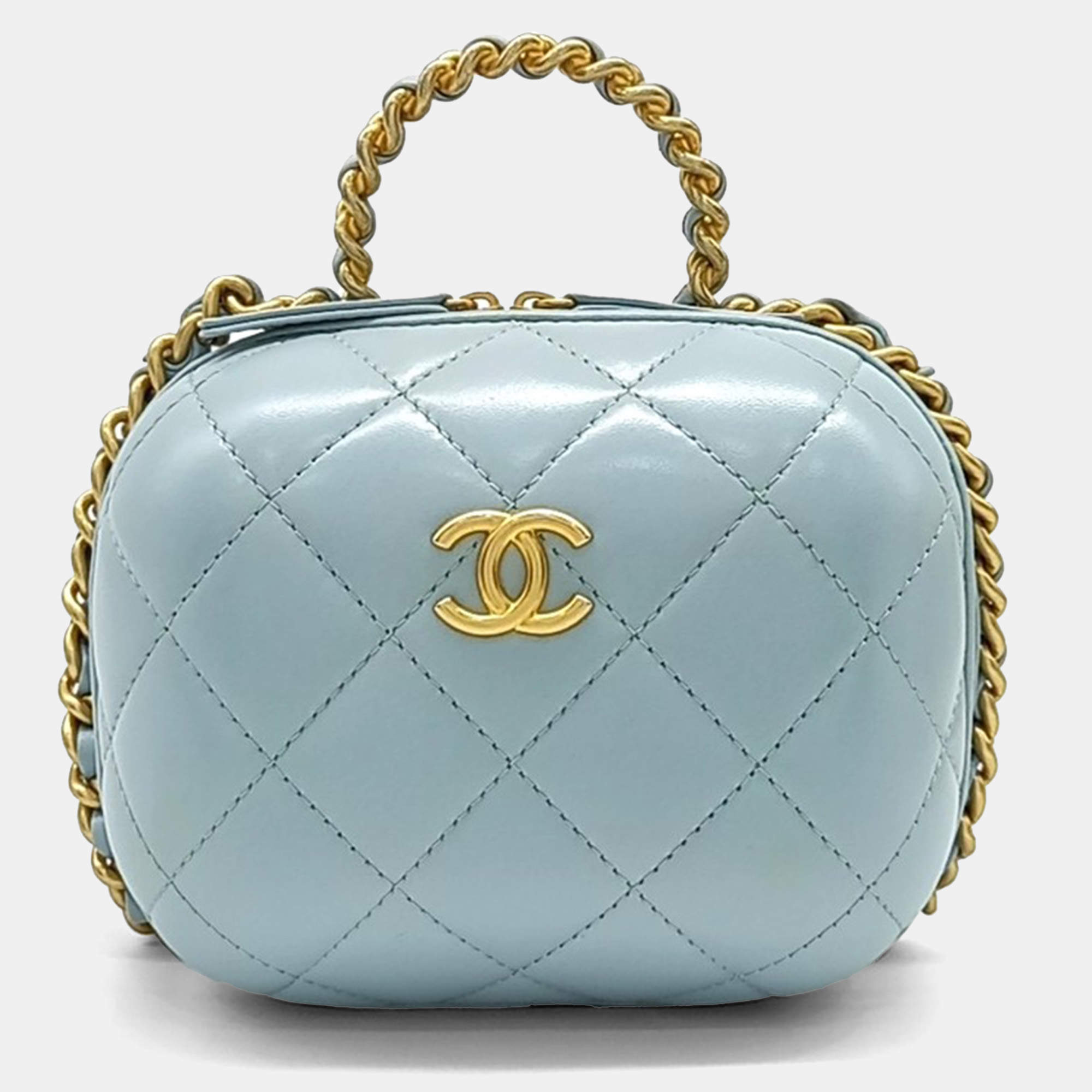Pre Owned Chanel Blue Leather Cosmetic Top Handle Crossbody Bag