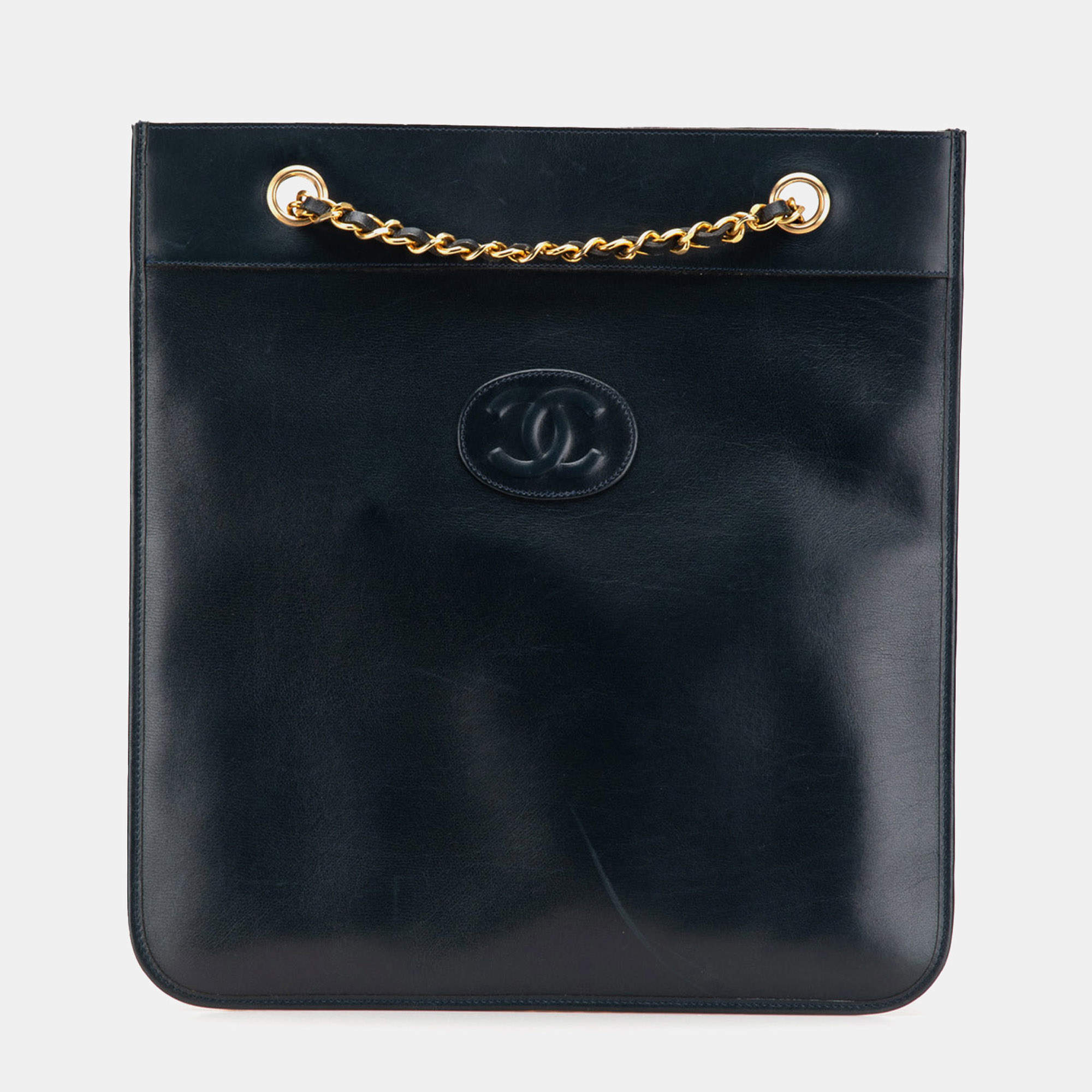 Chanel Navy Blue CC Lambskin Flat Chain Tote