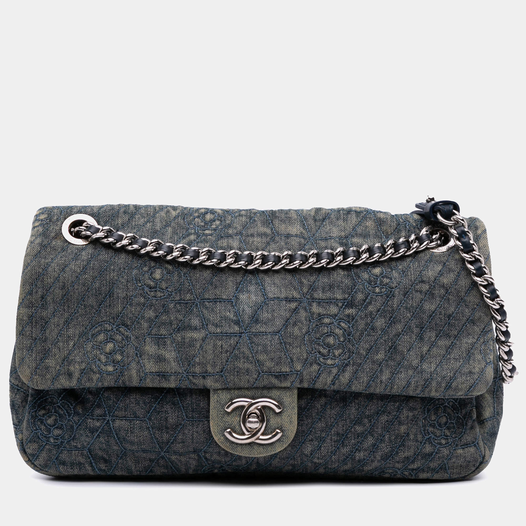 Pre Owned Chanel Blue Large Embroidered Denim Camellia Flap