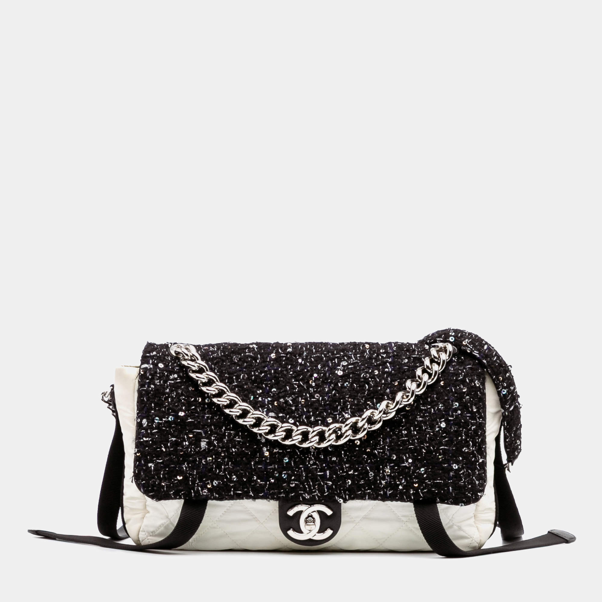 Chanel Black White Bicolor Tweed and Nylon Astronaut Essentials Flap