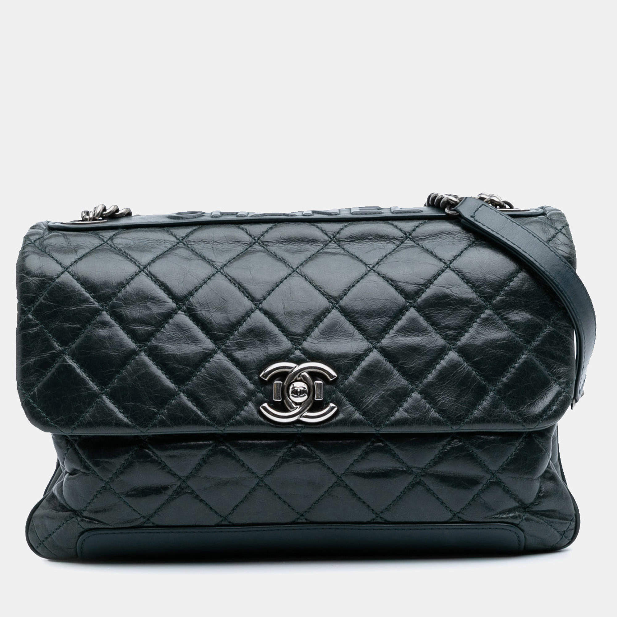Pre Owned Chanel Green Quilted Aged Calfskin Logo Accordion Flap