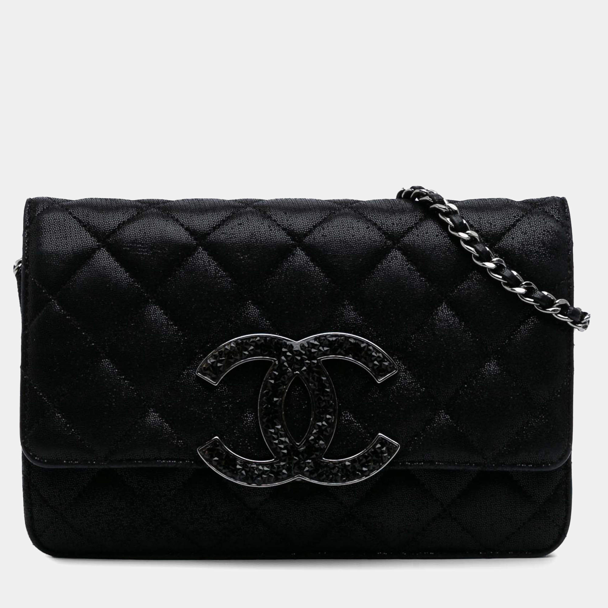 Chanel Black Iridescent Caviar Crystal CC Wallet On Chain