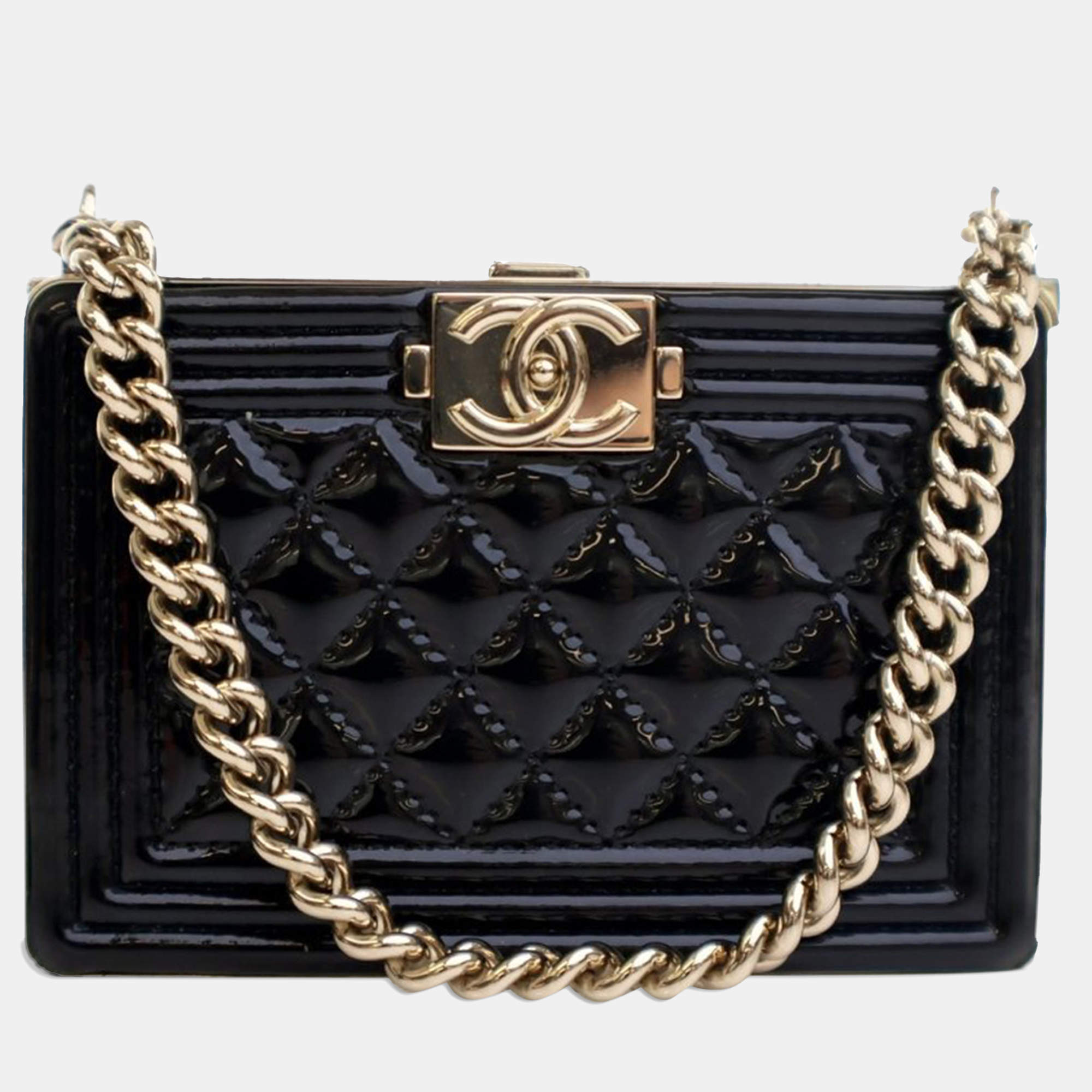 Chanel Black Patent Calfskin Boy Clutch with Chain
