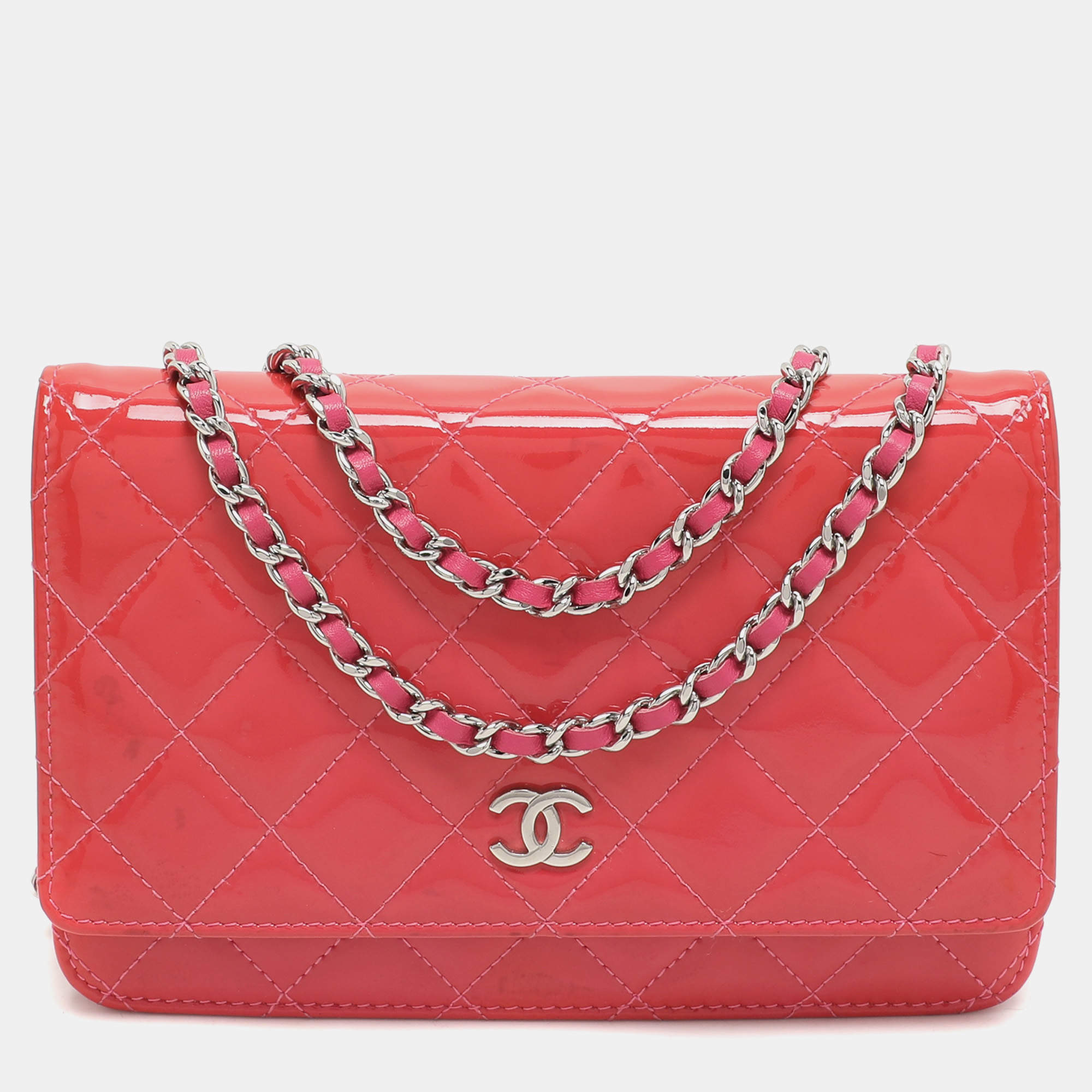 Chanel Pink Quilted Patent Leather CC Wallet On Chain