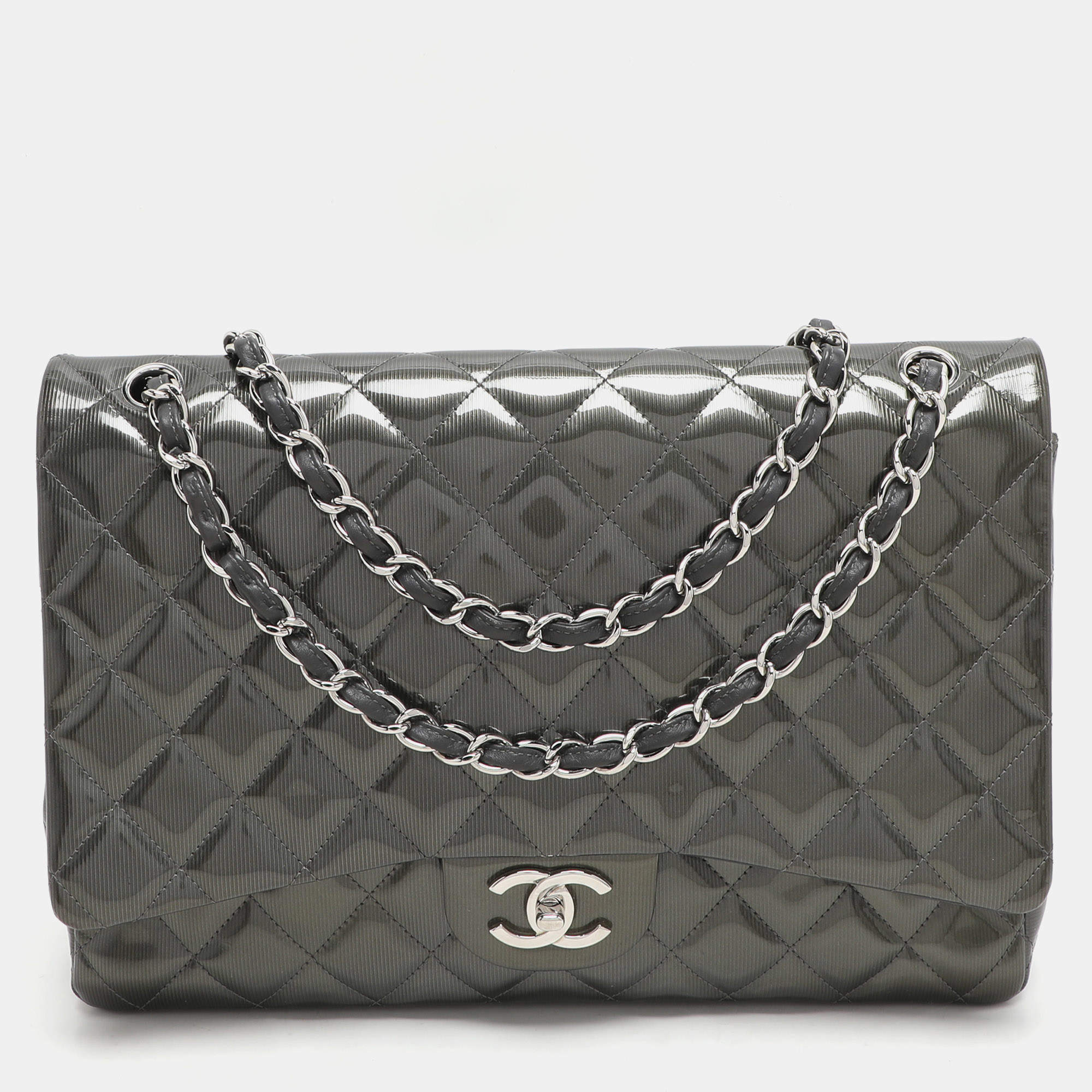 Chanel Grey Straited Quilted Patent Leather Maxi Classic Double Flap Bag