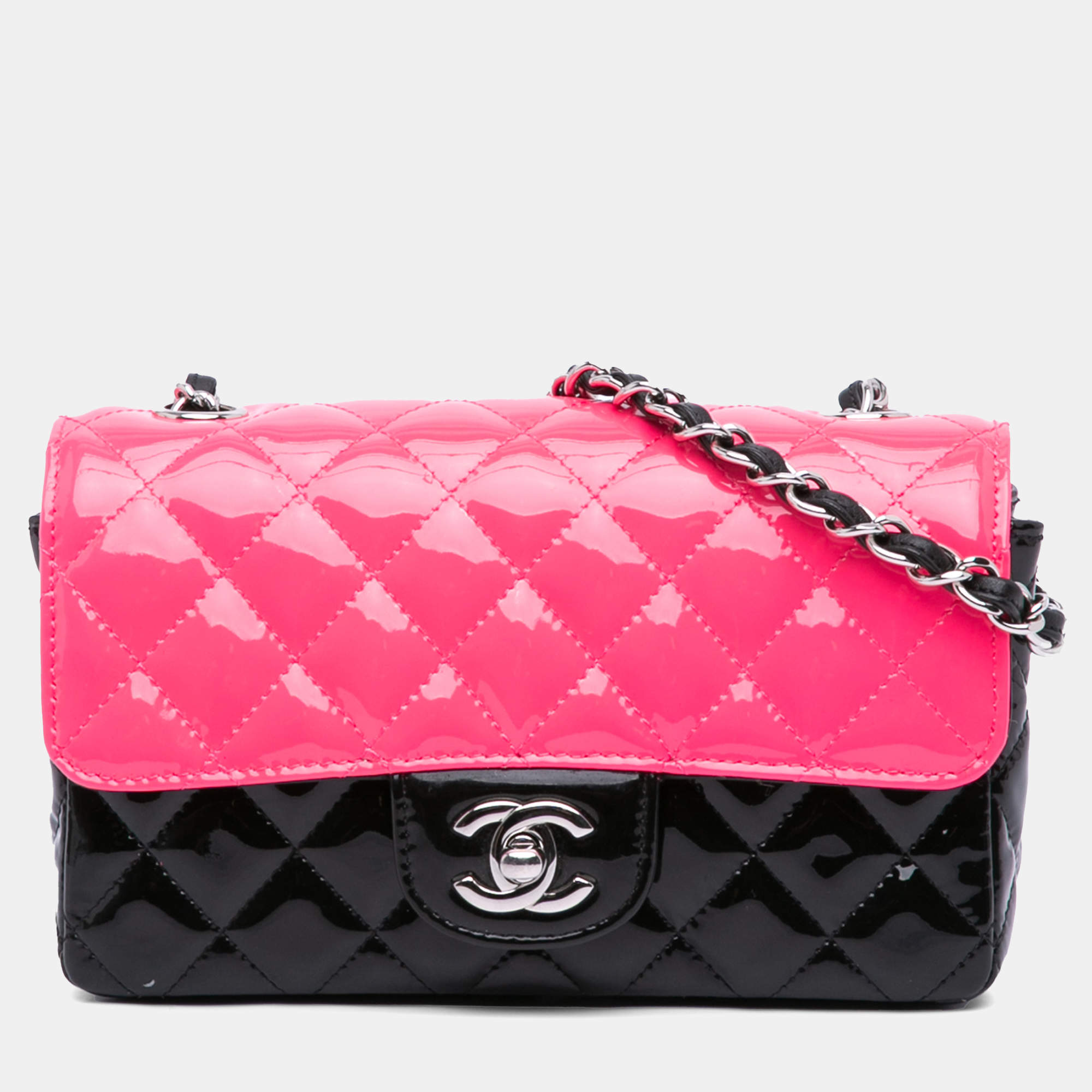 Pre Owned Chanel Black/Pink Mini Rectangular Classic Patent Single Flap