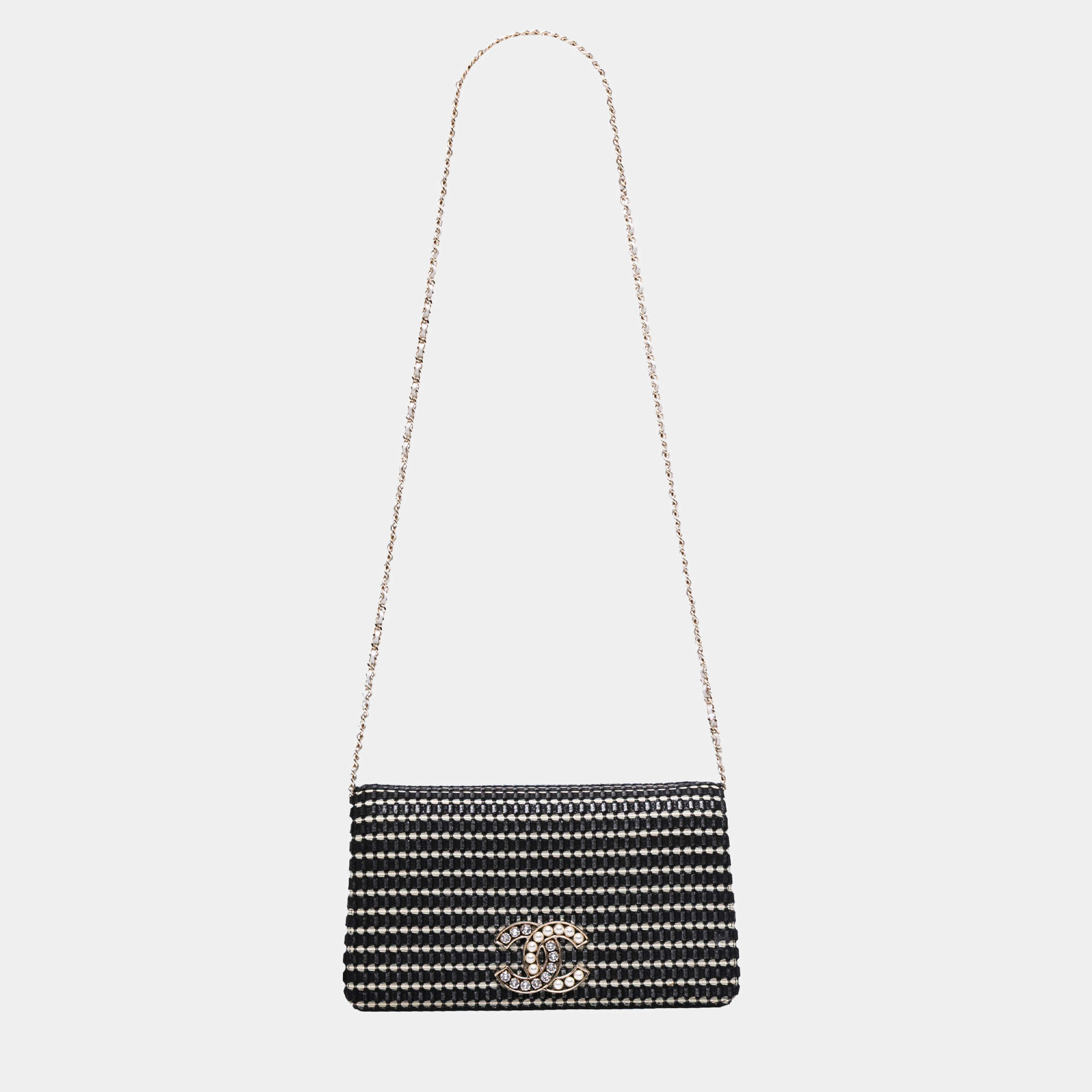 Pre Owned Chanel Black CC Bicolor Woven Lambskin Crystal Pearl Flap