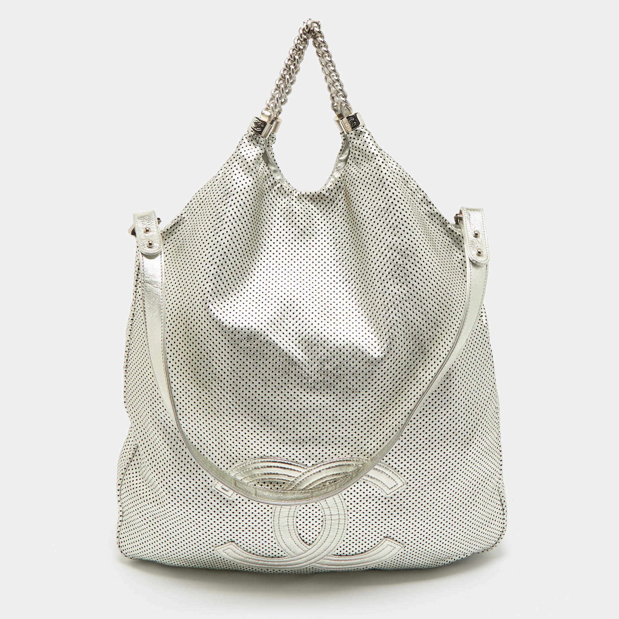 Chanel Silver Perforated Leather Rodeo Drive Hobo