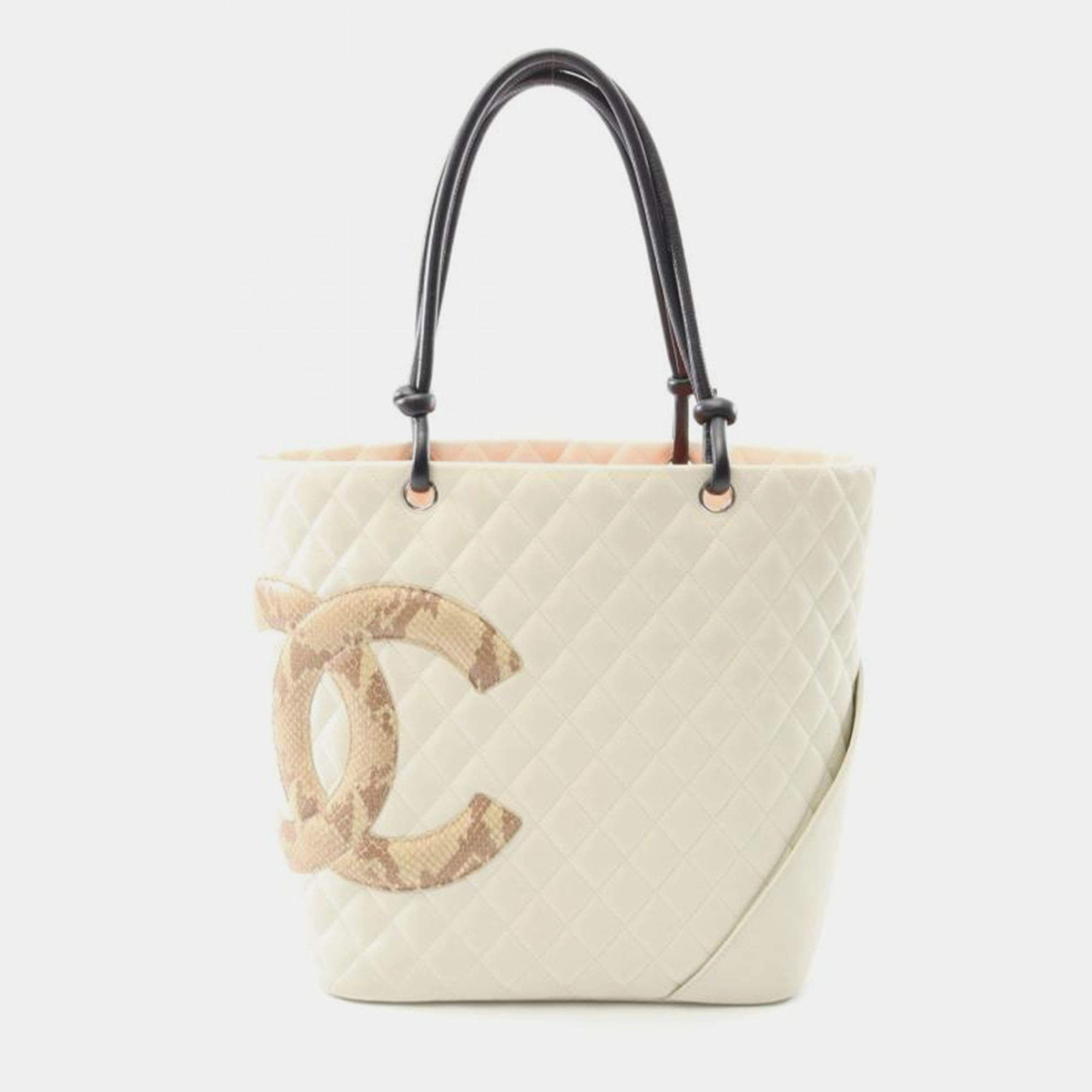 Chanel White Quilted Leather And Python Cambon Tote Bag