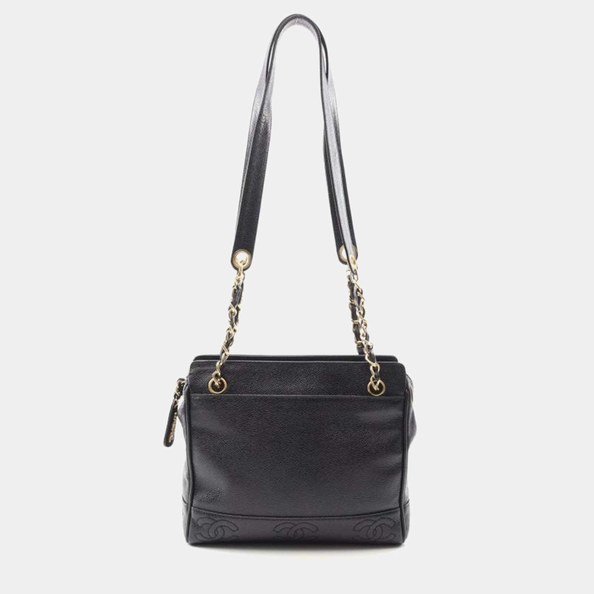 Chanel Black Caviar Skin Leather Coco Mark Triple Chain Tote Bag