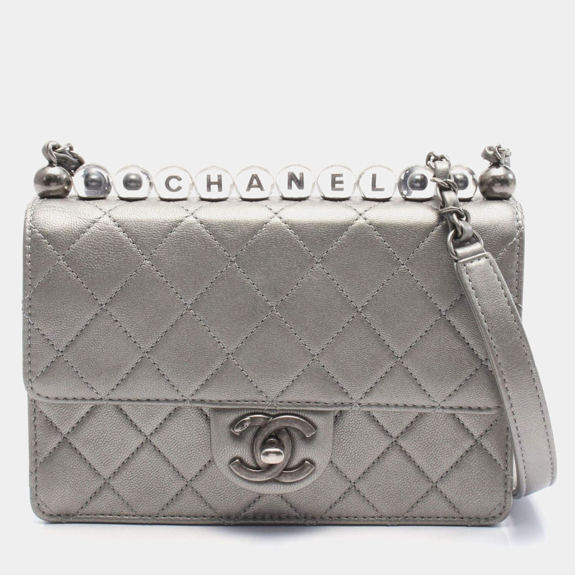 Chanel Silver Metallic Goatskin Quilted Chic Pearls Flap Bag