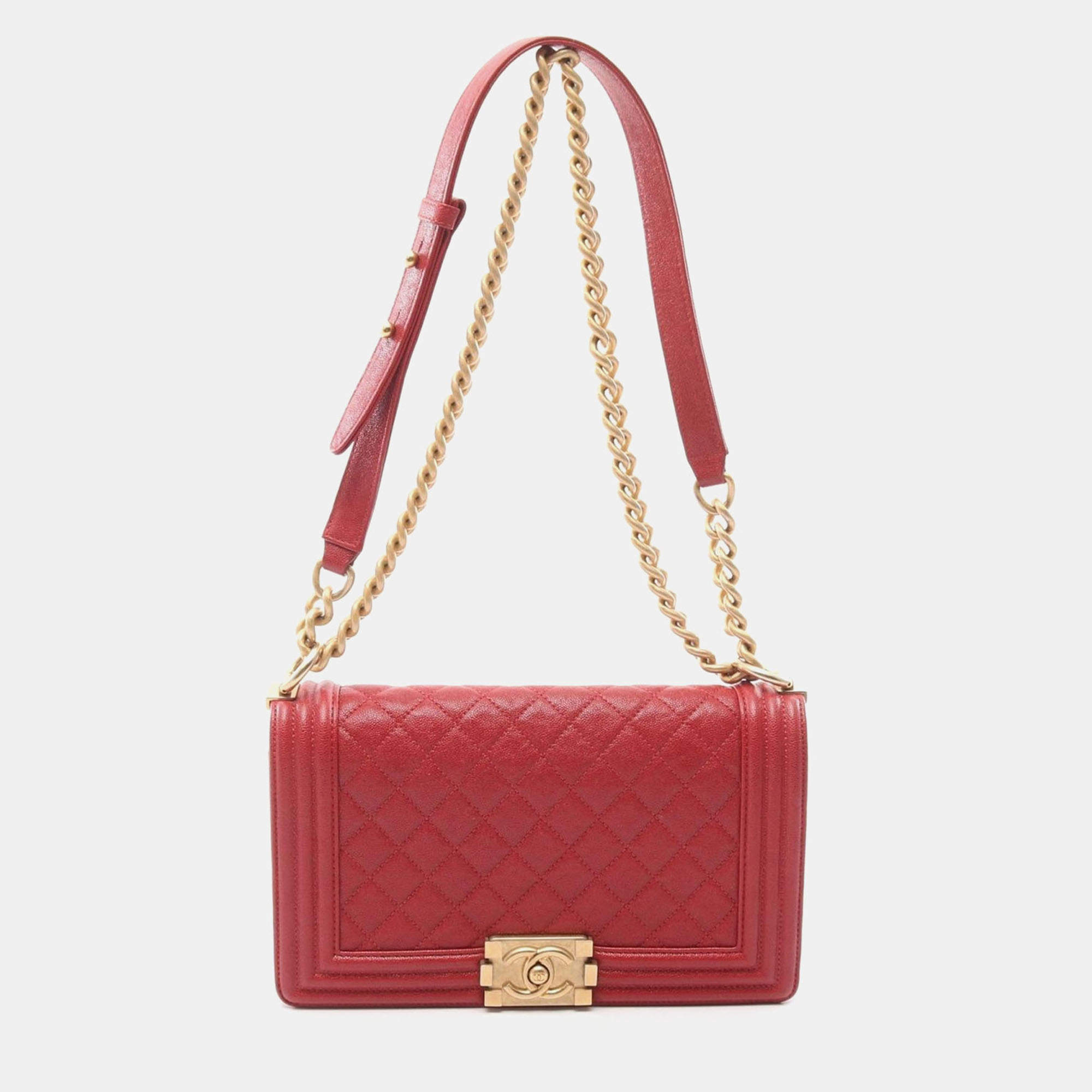 Chanel Red Grained Leather Boy Shoulder Bag