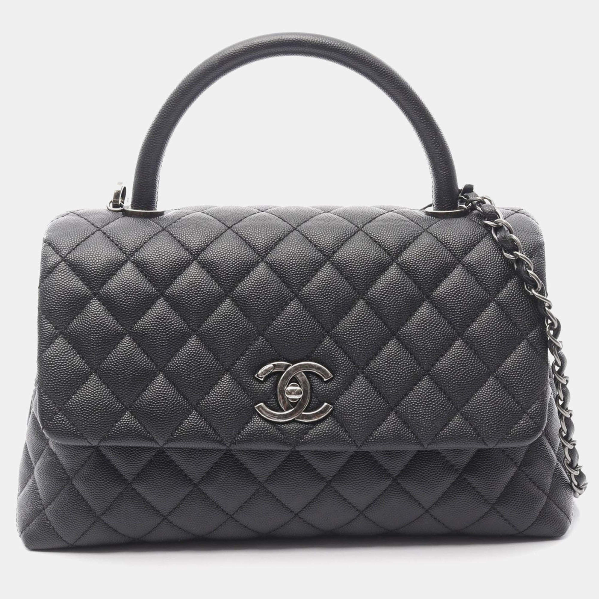 Chanel Black Caviar Quilted Coco Handle Flap Bag