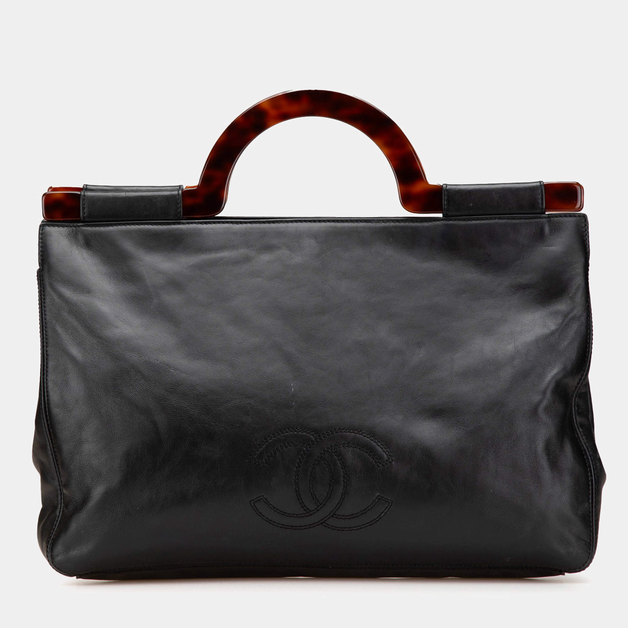 Chanel Black CC Lambskin Tortoise Handle Tote
