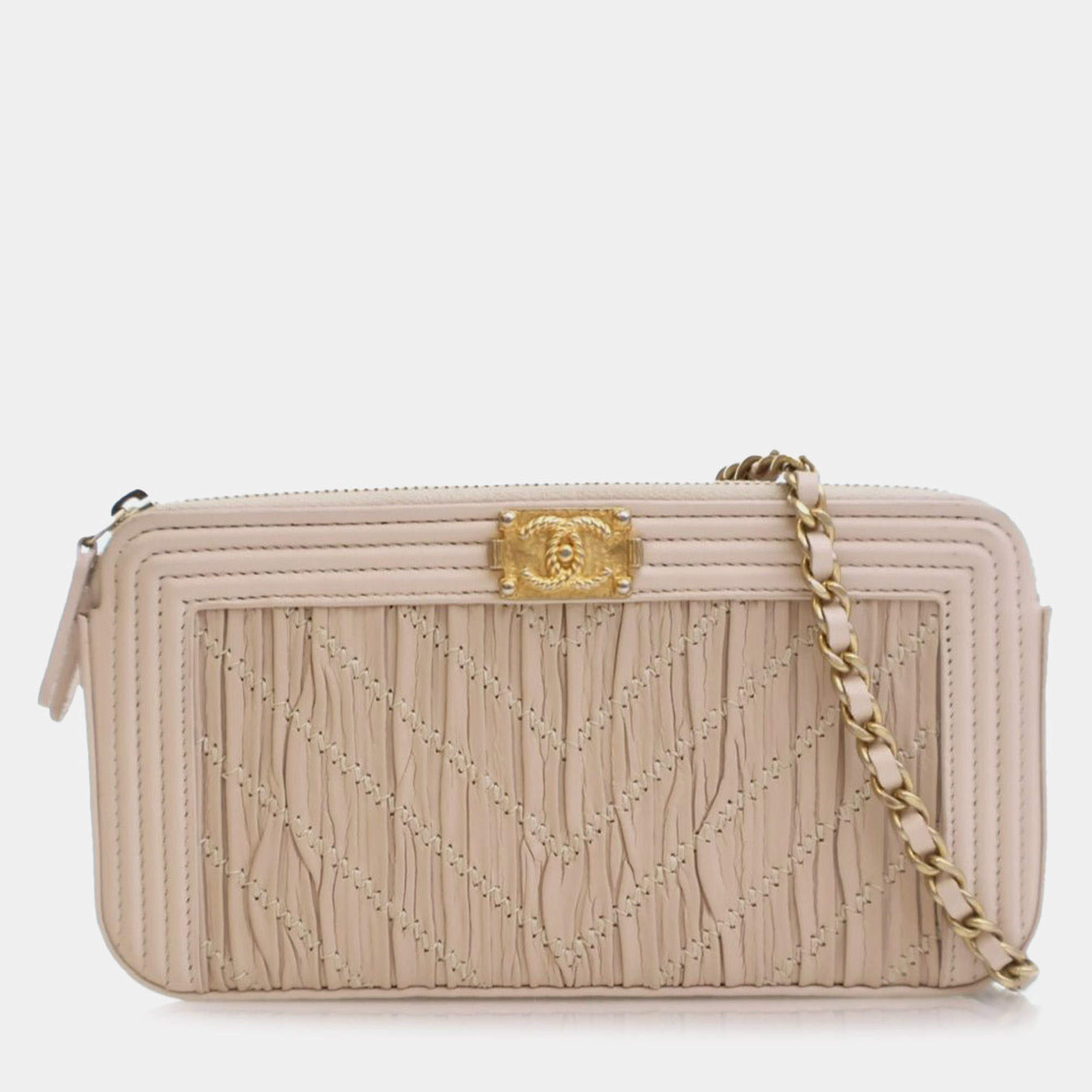 Chanel Beige Small Chevron Crumpled Lambskin Boy Clutch With Chain