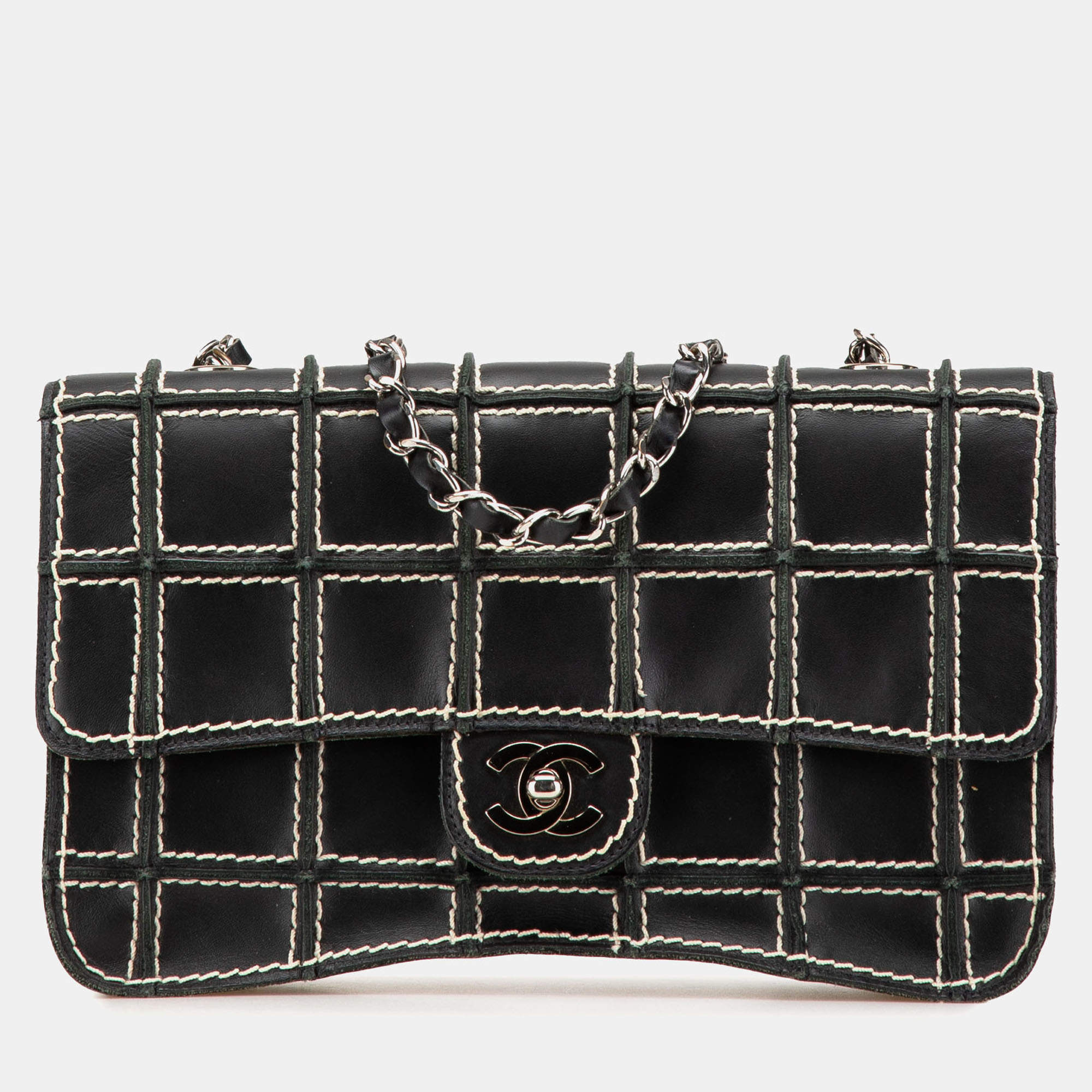 Chanel Black Lambskin Contrast Square Stitch Flap