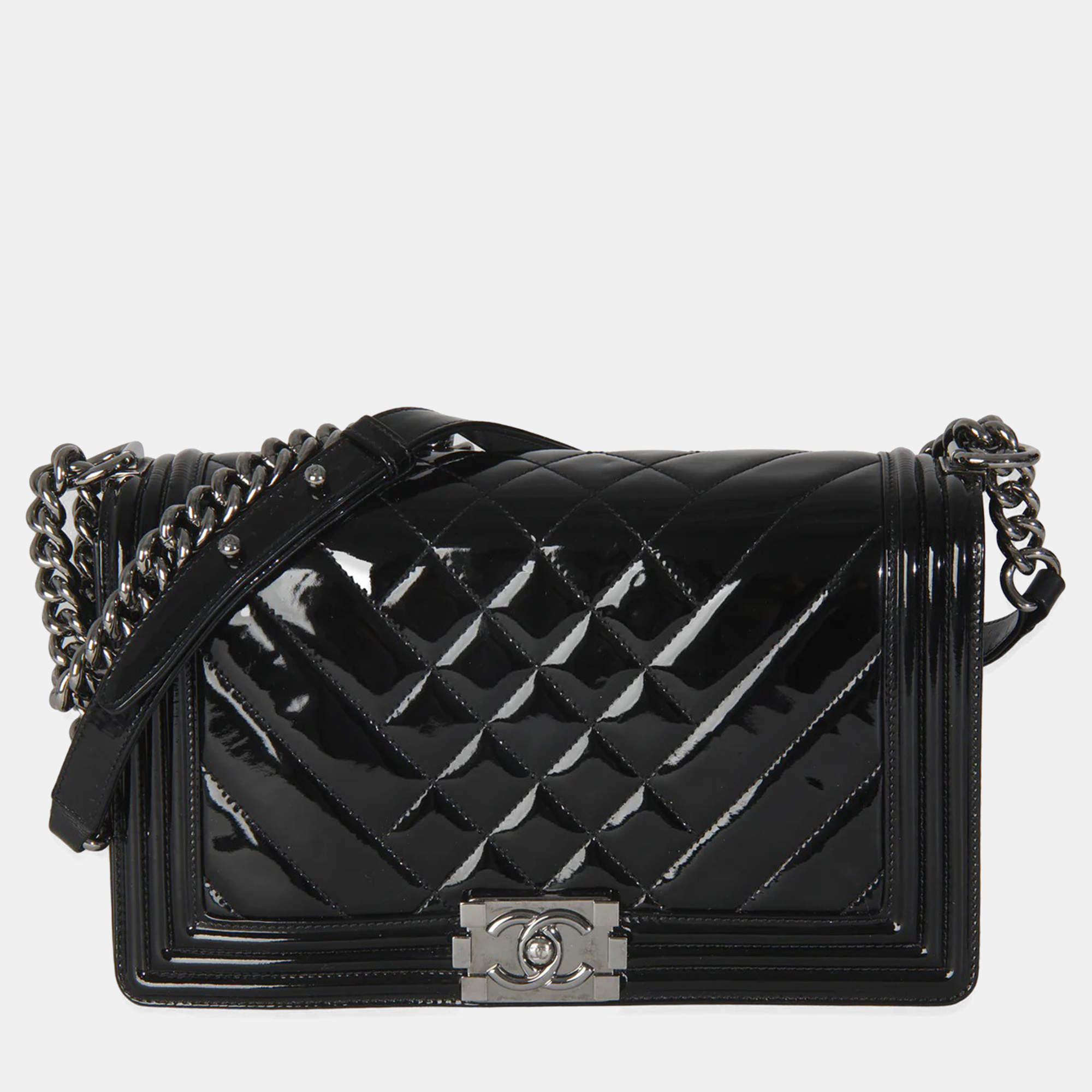 Pre Owned Chanel Black Patent Chevron Old Medium Boy Bag