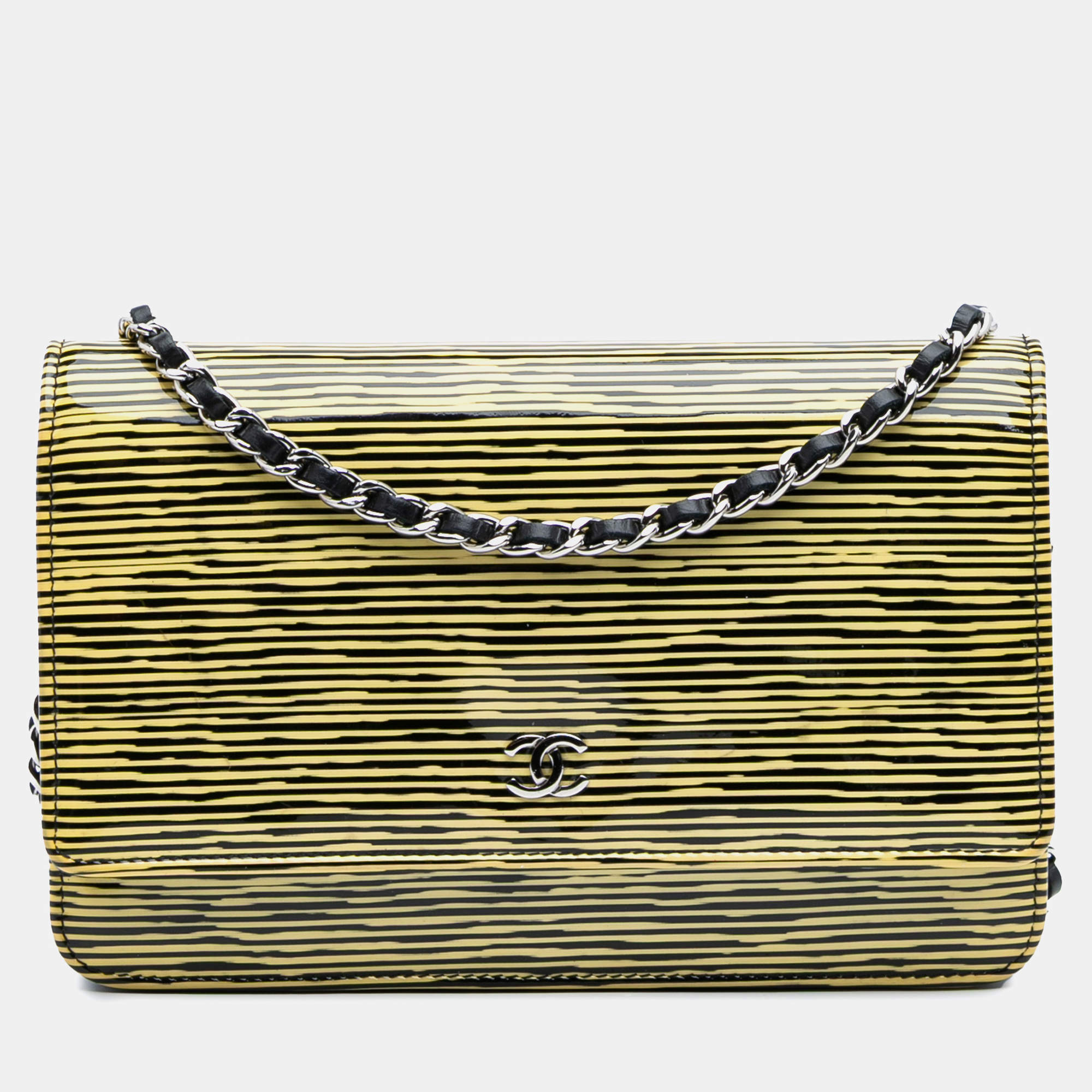 Chanel Black Yellow Patent Striped Wallet On Chain
