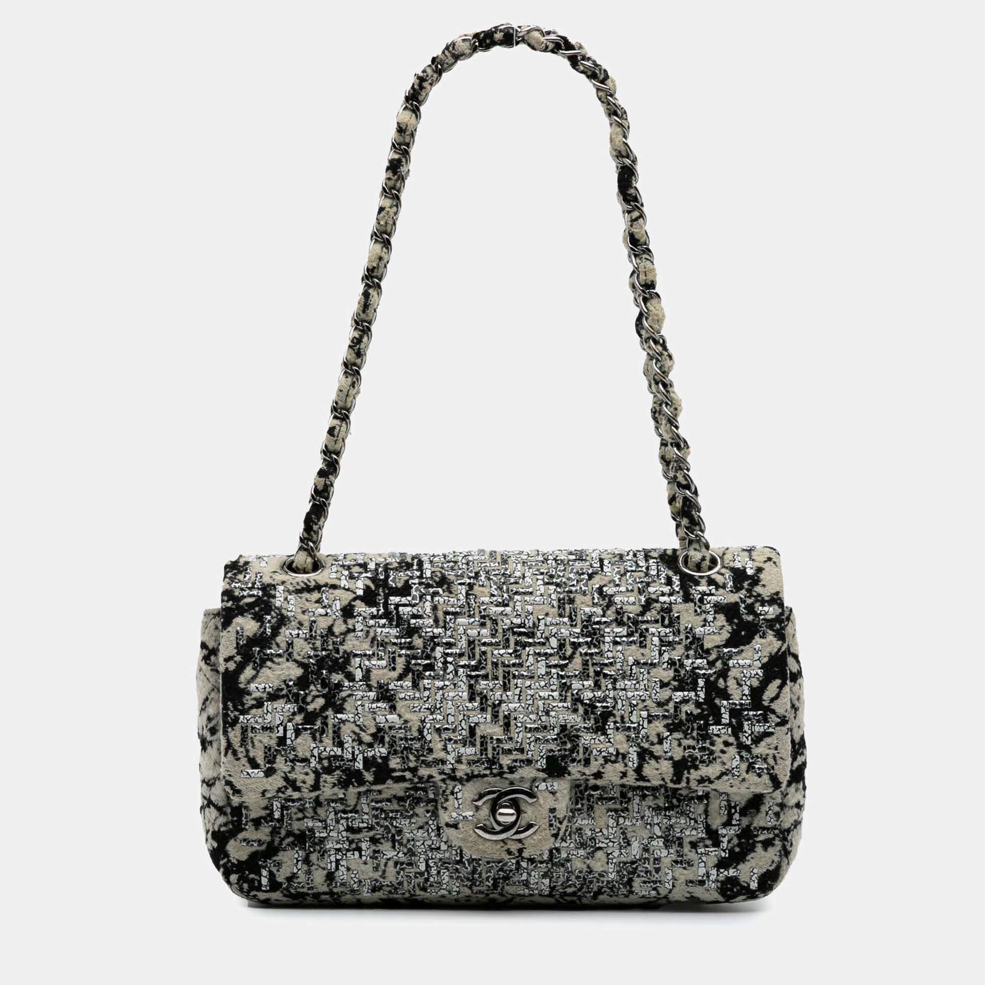 Chanel Black/White Medium Classic Wool Herringbone Double Flap