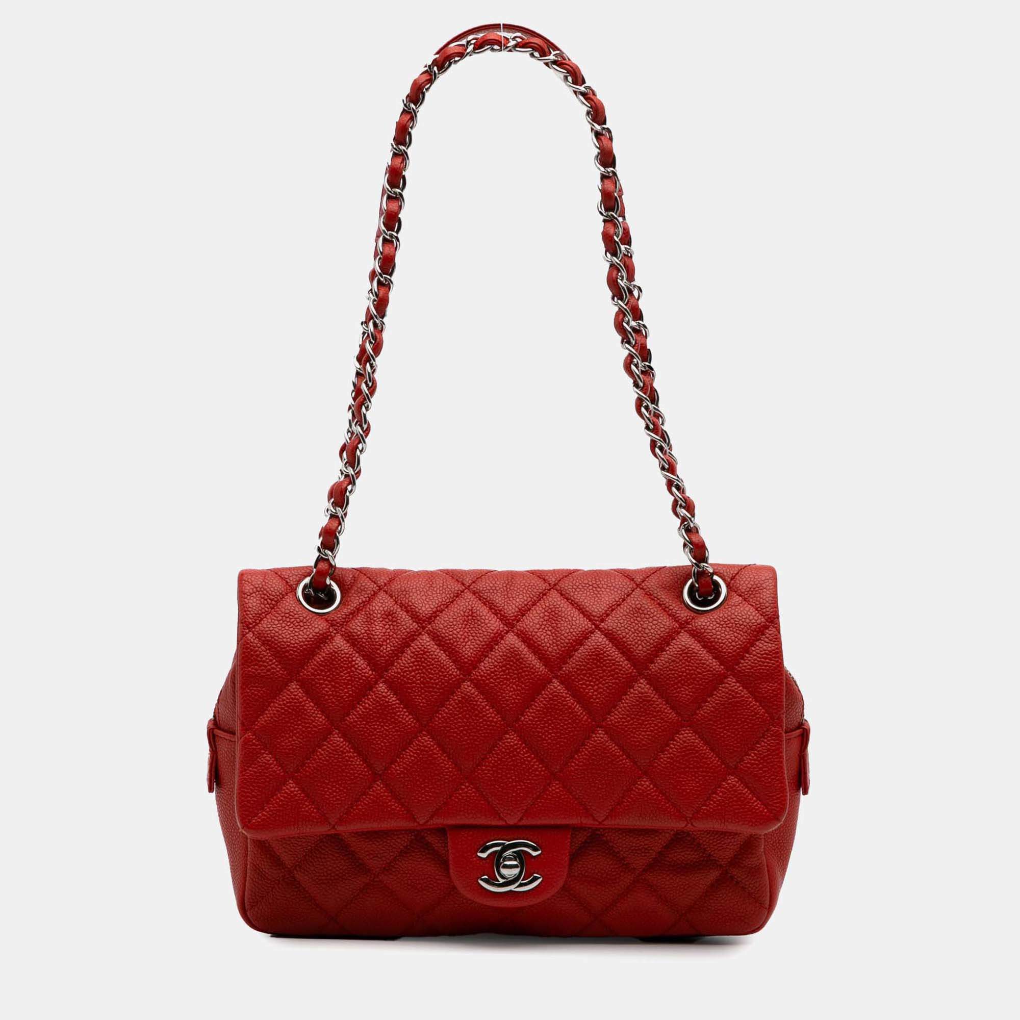 Pre Owned Chanel Orange Medium Quilted Caviar Easy Flap