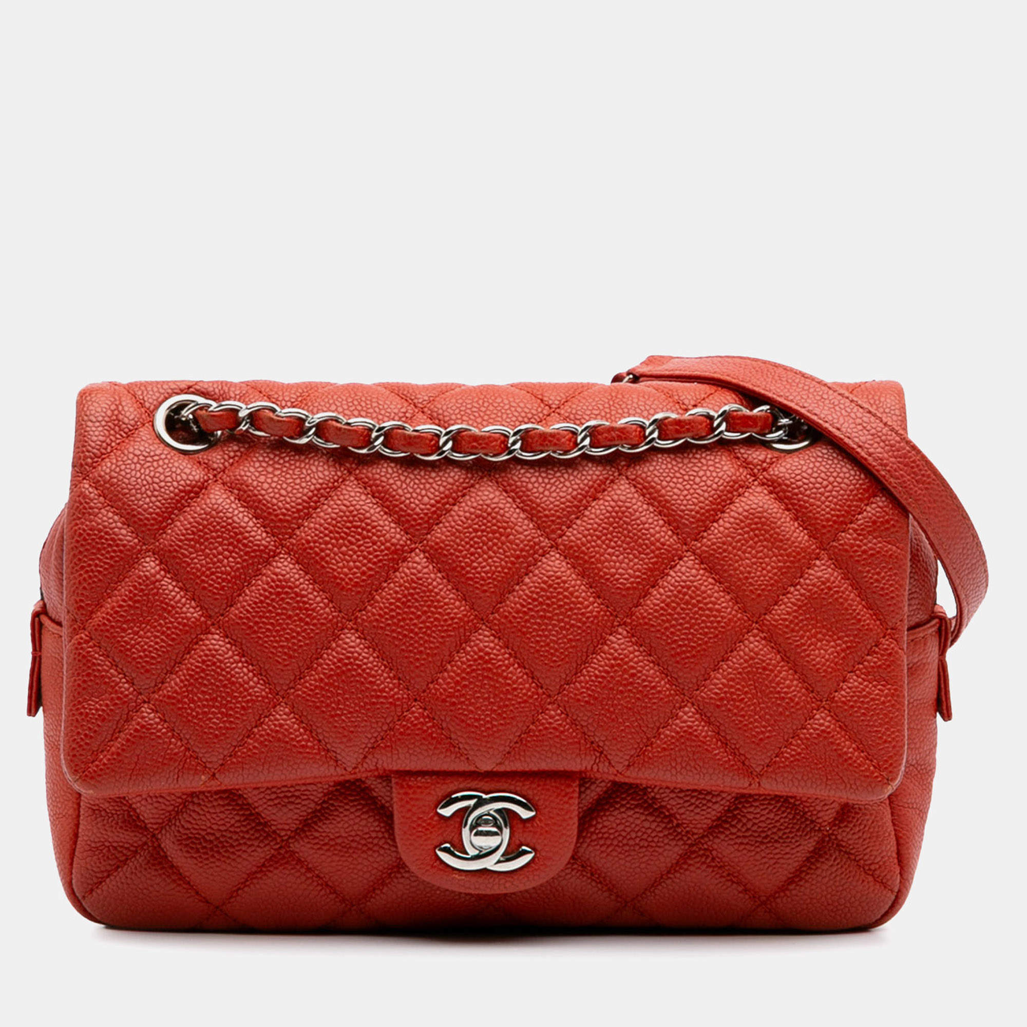 Pre Owned Chanel Orange Medium Quilted Caviar Easy Flap