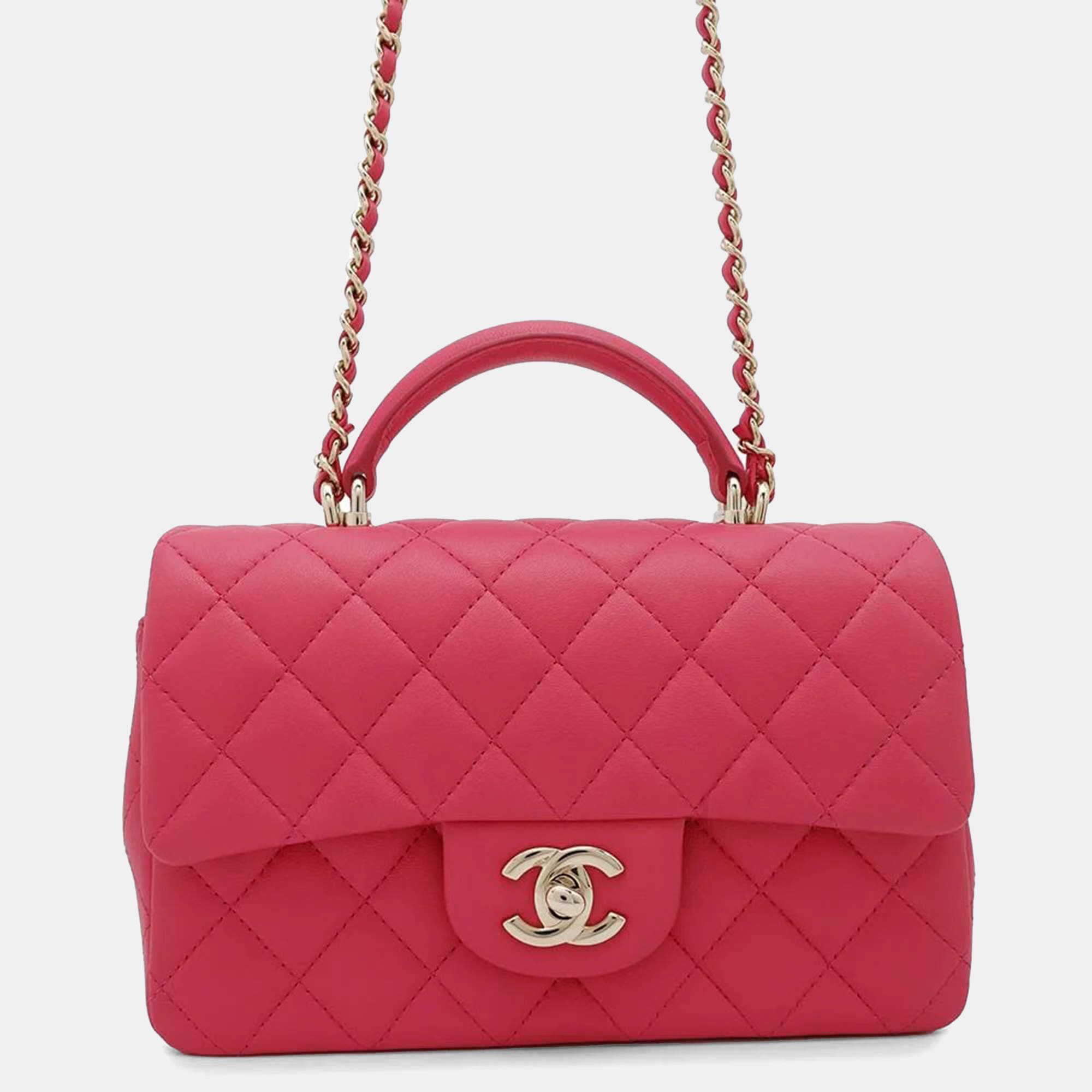 Chanel Matelasse Top Handle Chain shoulder Pink Lambskin Size 20