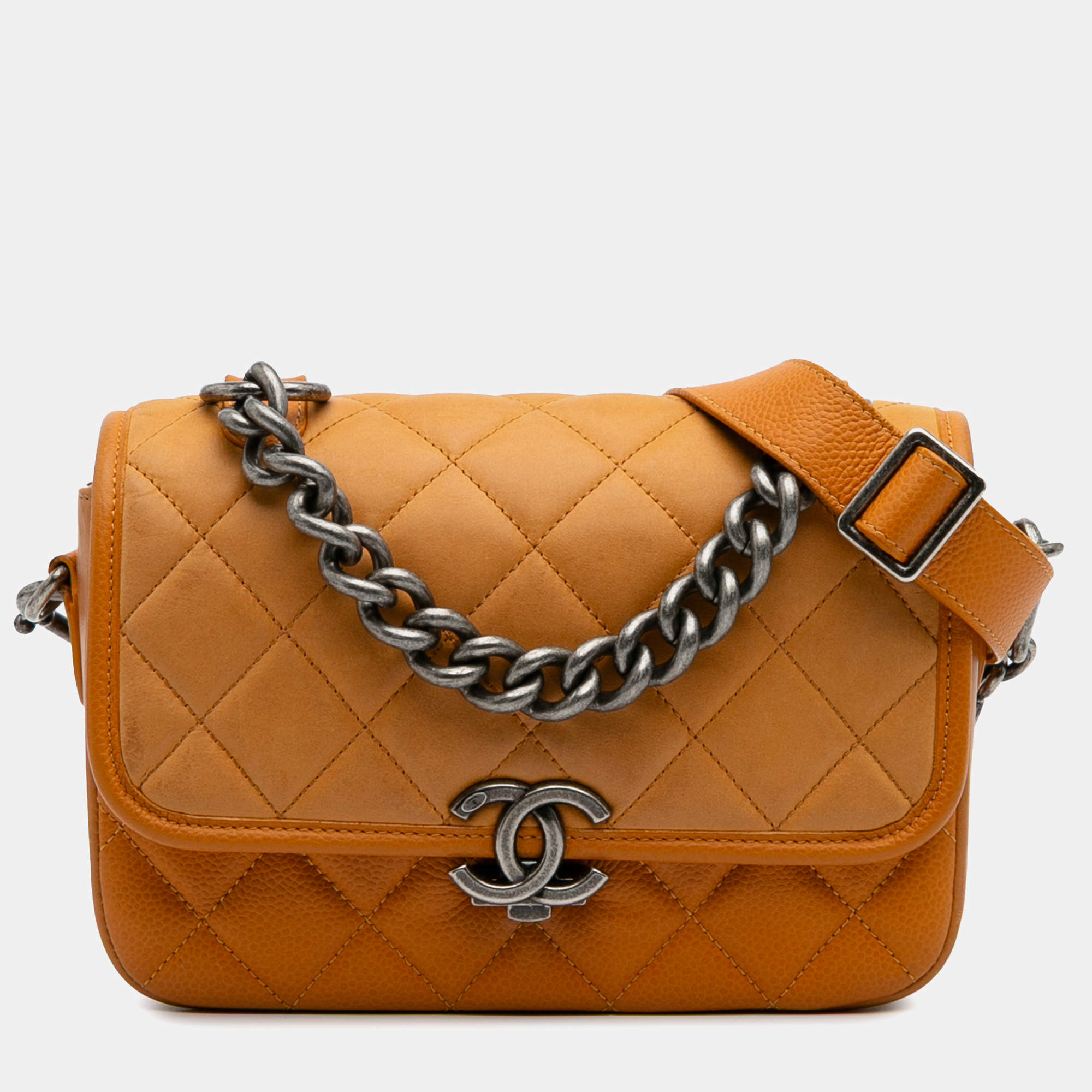 Pre Owned Chanel Orange Small Quilted Iridescent Calfskin and Caviar Daily Carry Flap