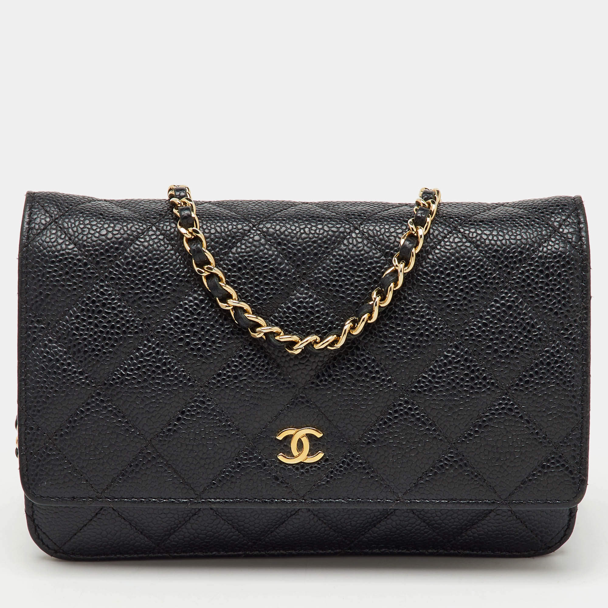 Chanel Black Quilted Caviar Leather CC Classic Wallet On Chain