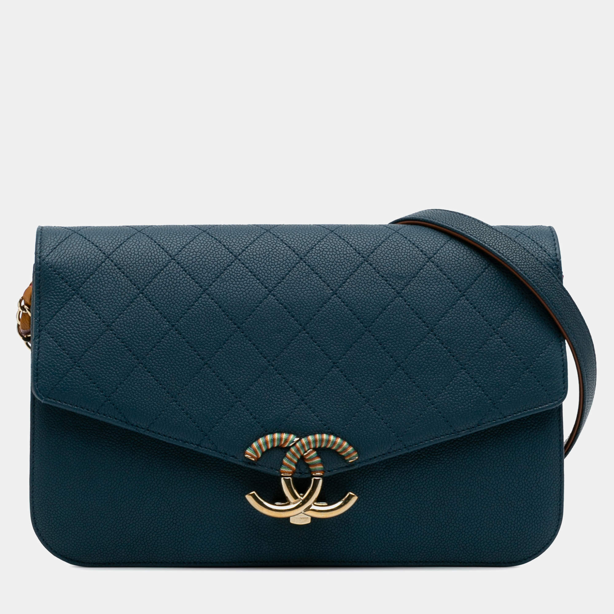 Chanel Blue Paris Cuba Quilted Caviar Thread Around Flap