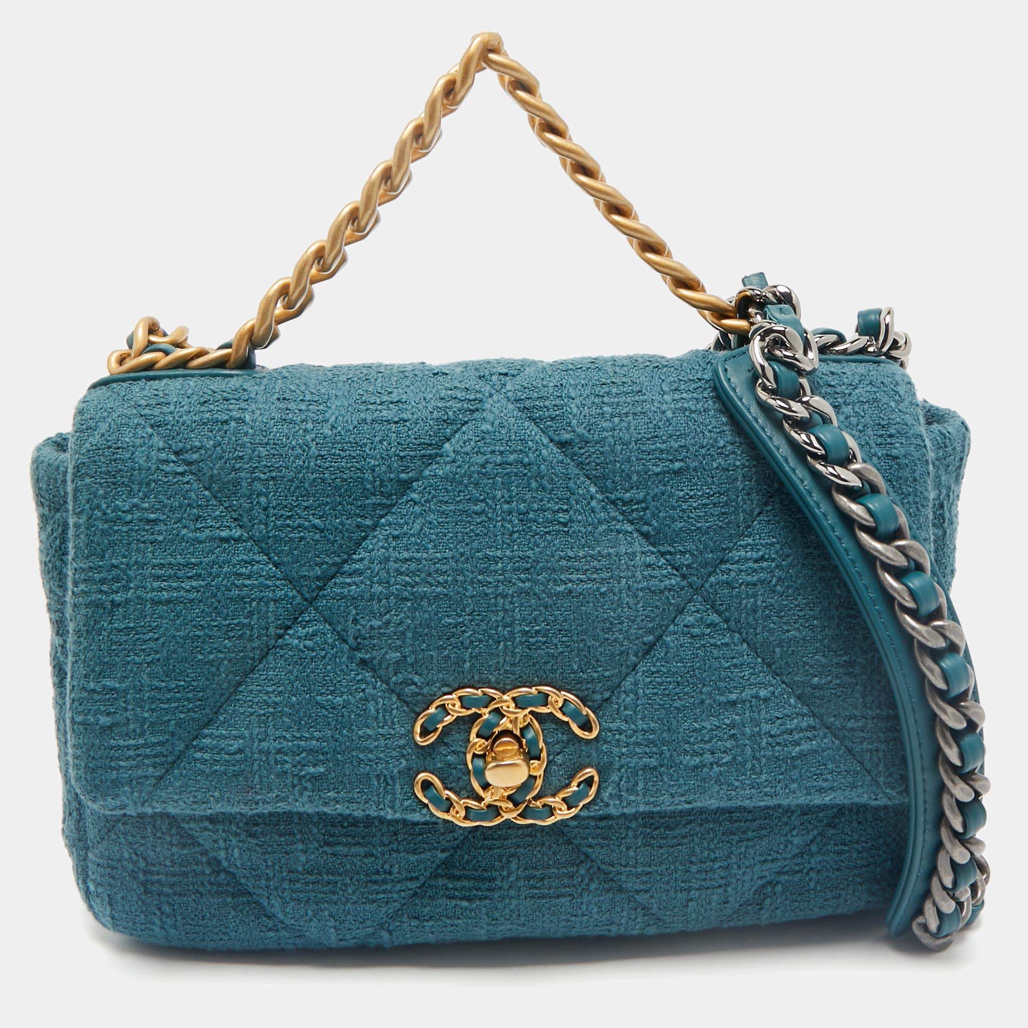 Chanel Dark Green Quilted Tweed Small 19 Flap Bag