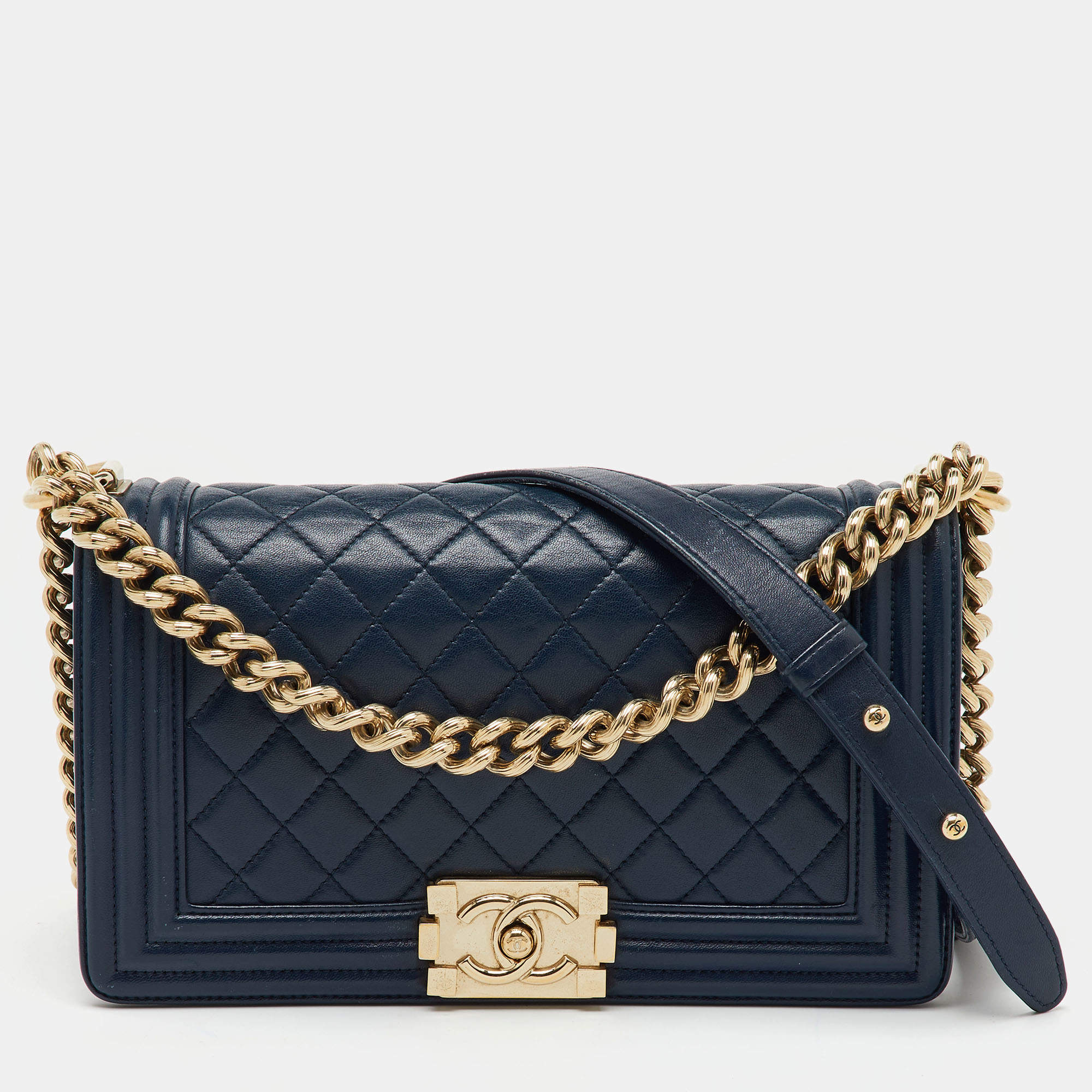 Chanel Navy Blue Quilted Leather Medium Boy Flap Bag