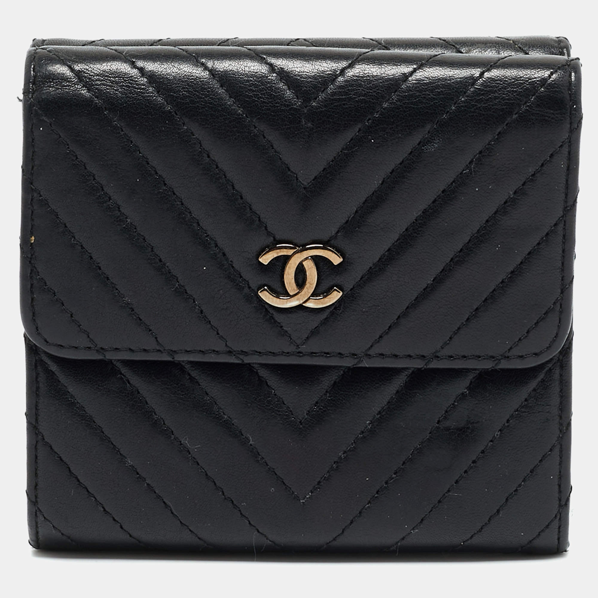 Chanel Black Chevron Leather CC Compact Wallet