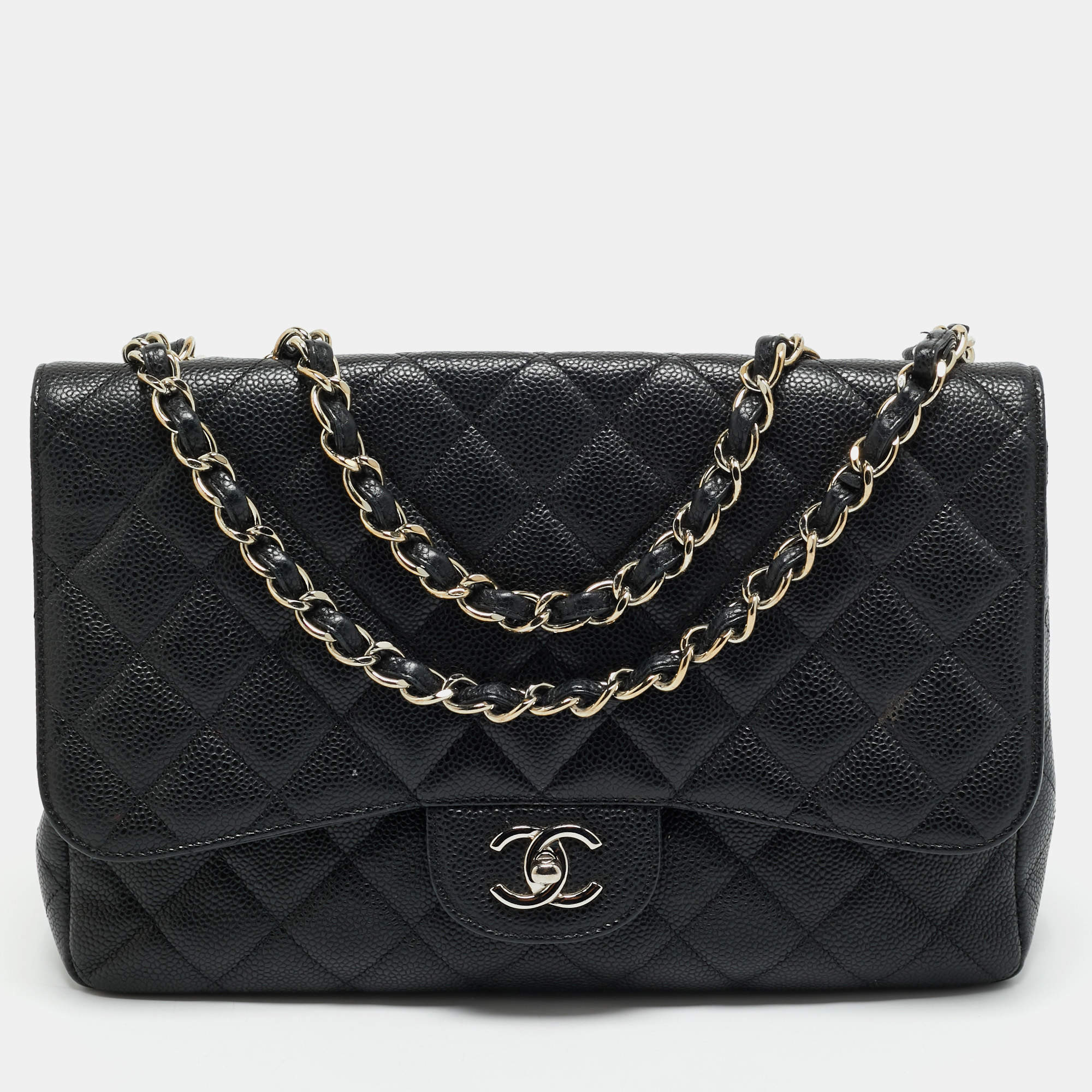 Chanel Black Quilted Caviar Leather Jumbo Classic Single Flap Bag