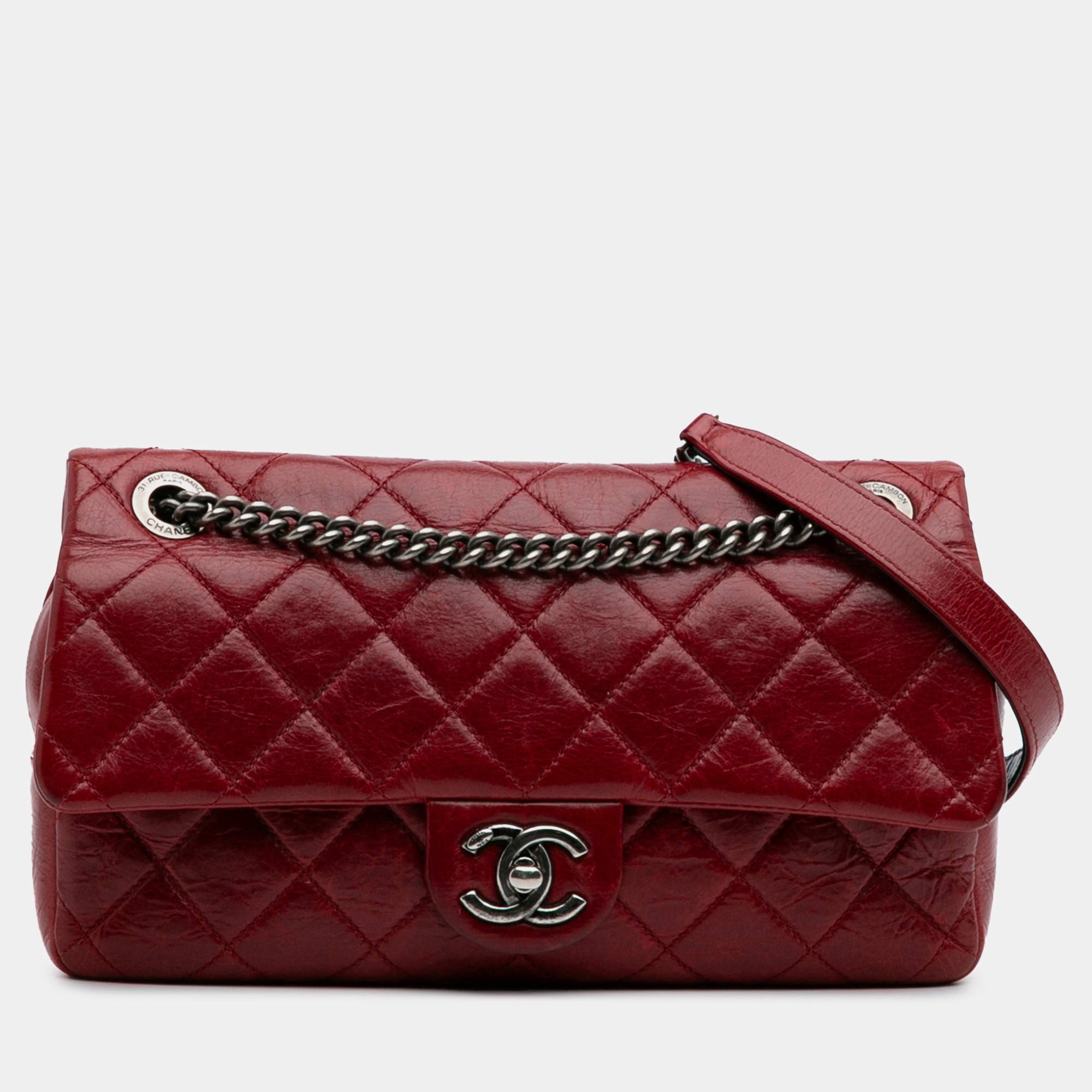 Pre Owned Chanel Red Medium Glazed Calfskin Duo Color Flap