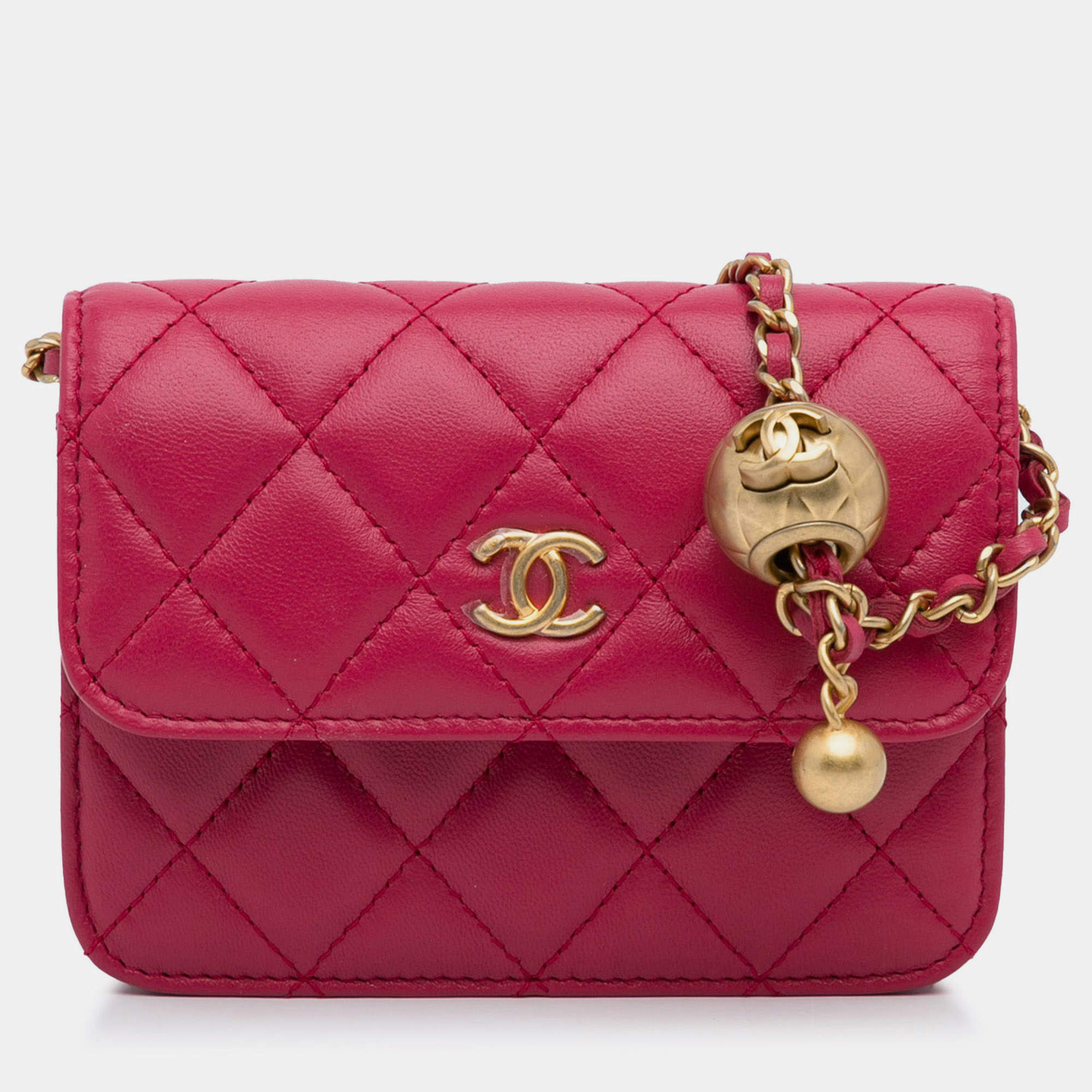 Chanel Red Mini CC Matelasse Pearl Crush Lambskin Crossbody Bag