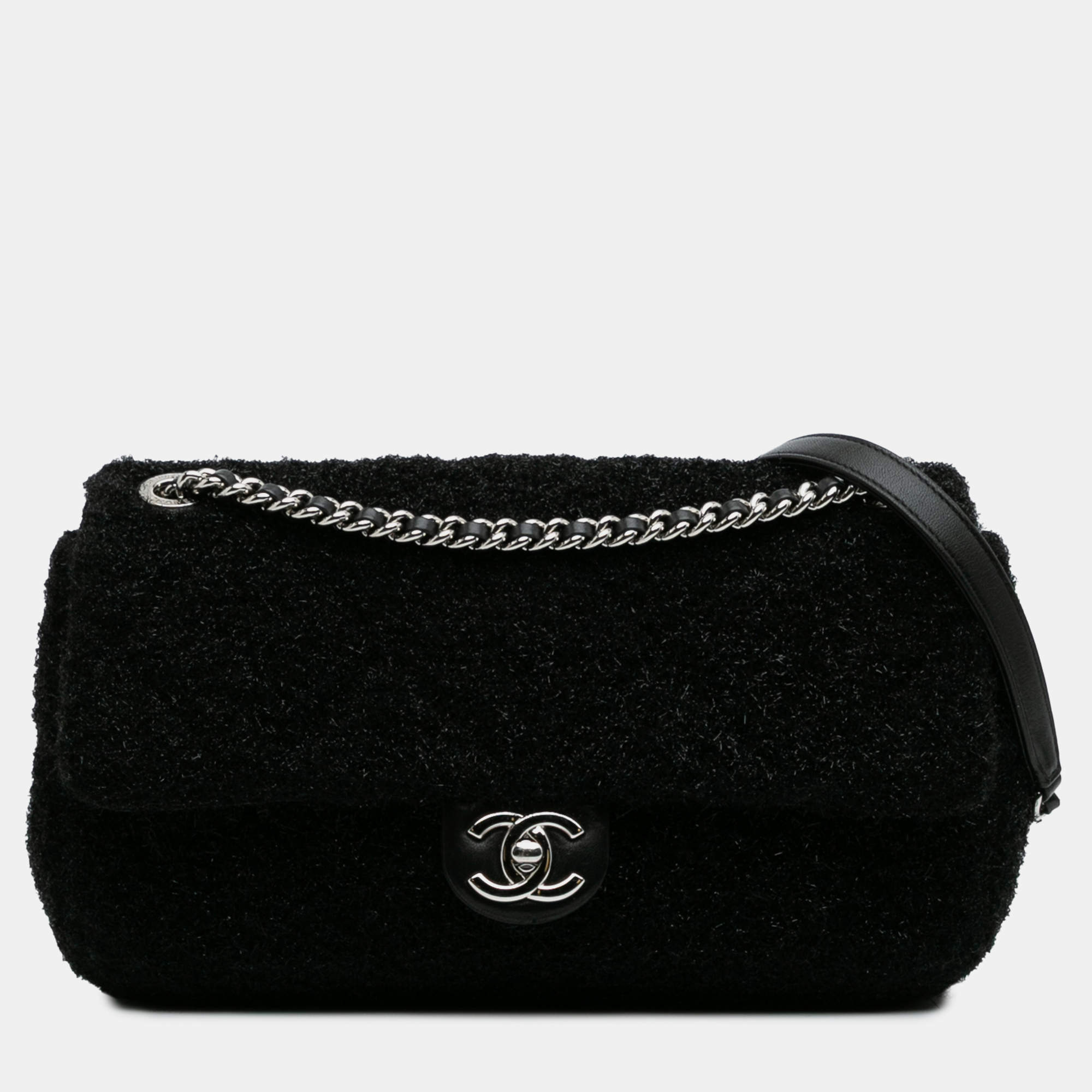 Chanel Black Medium Quilted Metallic Knit Pluto Glitter Flap