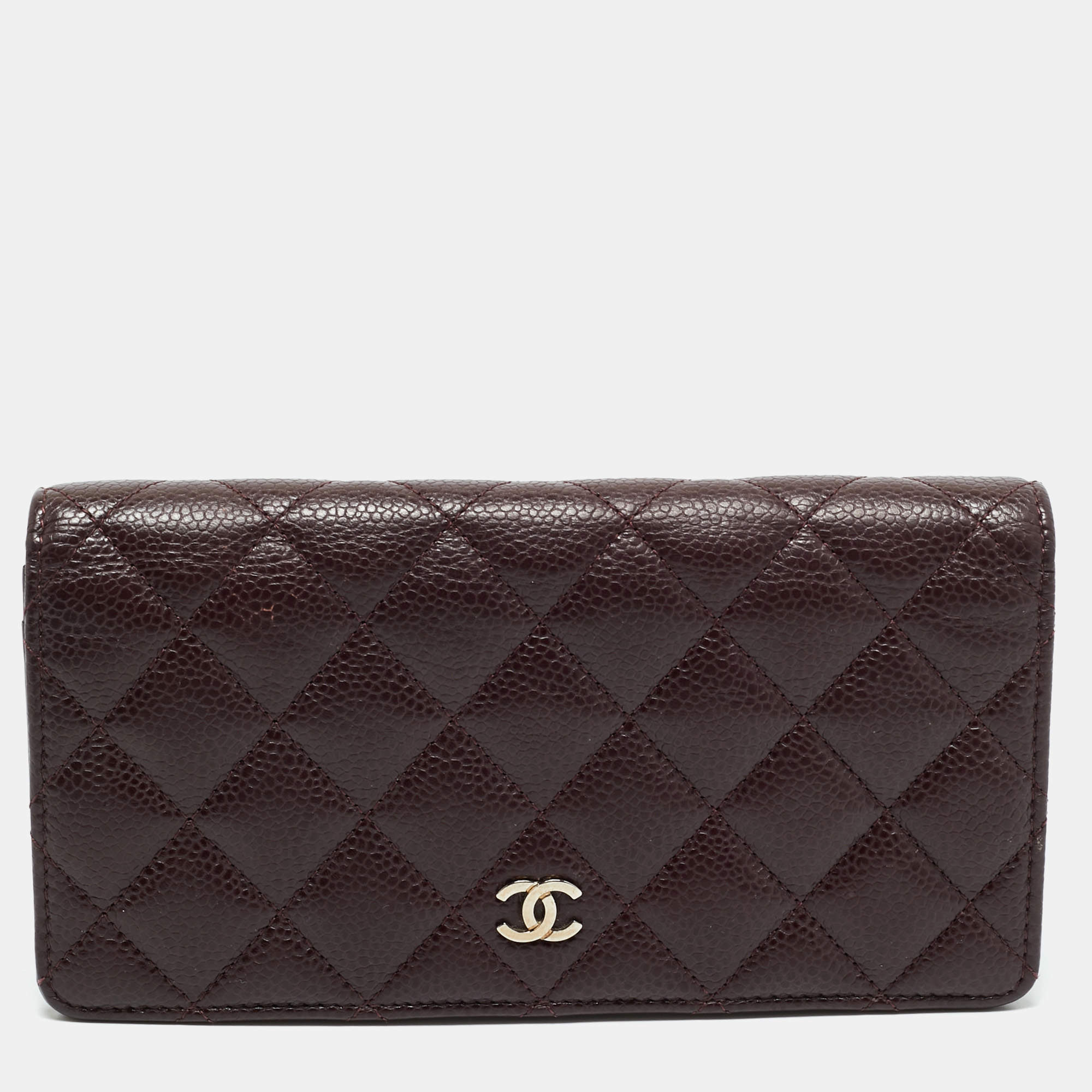 Pre Owned Chanel Burgundy Quilted Caviar Leather L Yen Wallet