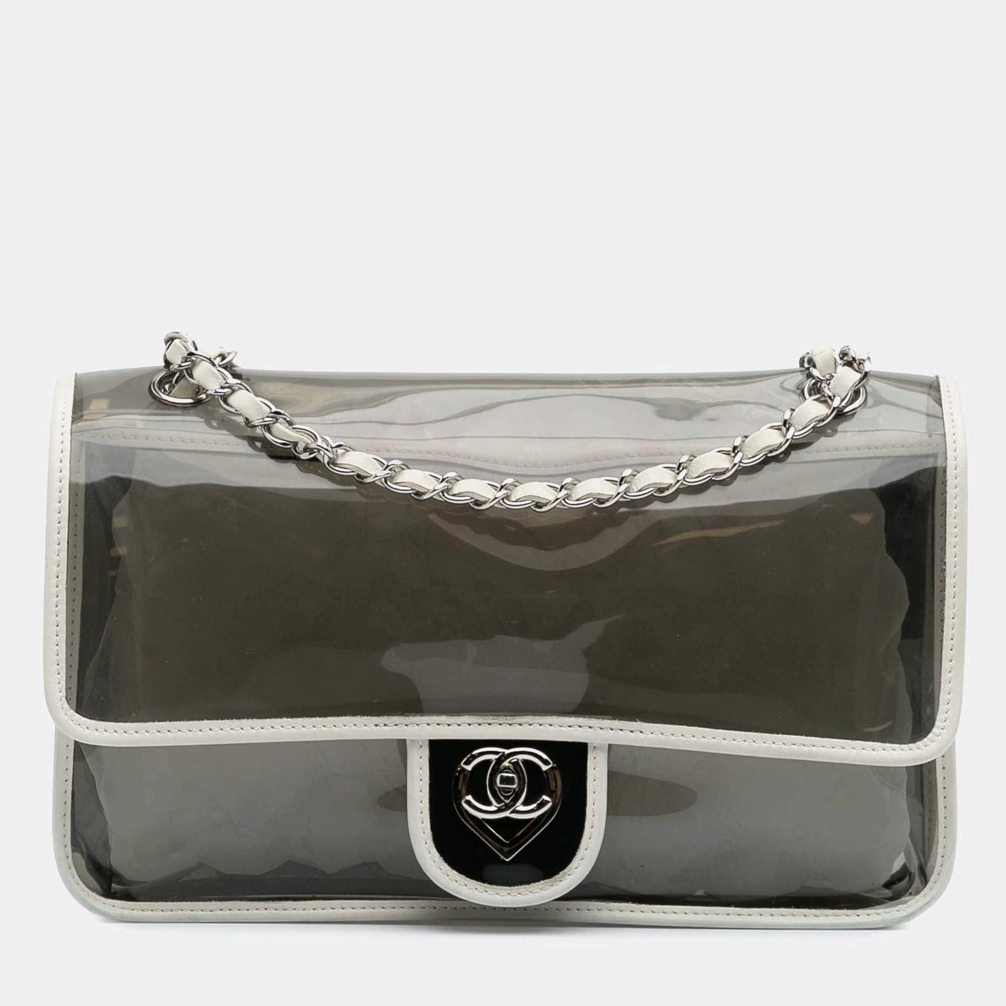 Pre Owned Chanel Black White Large PVC and Lambskin Naked Flap