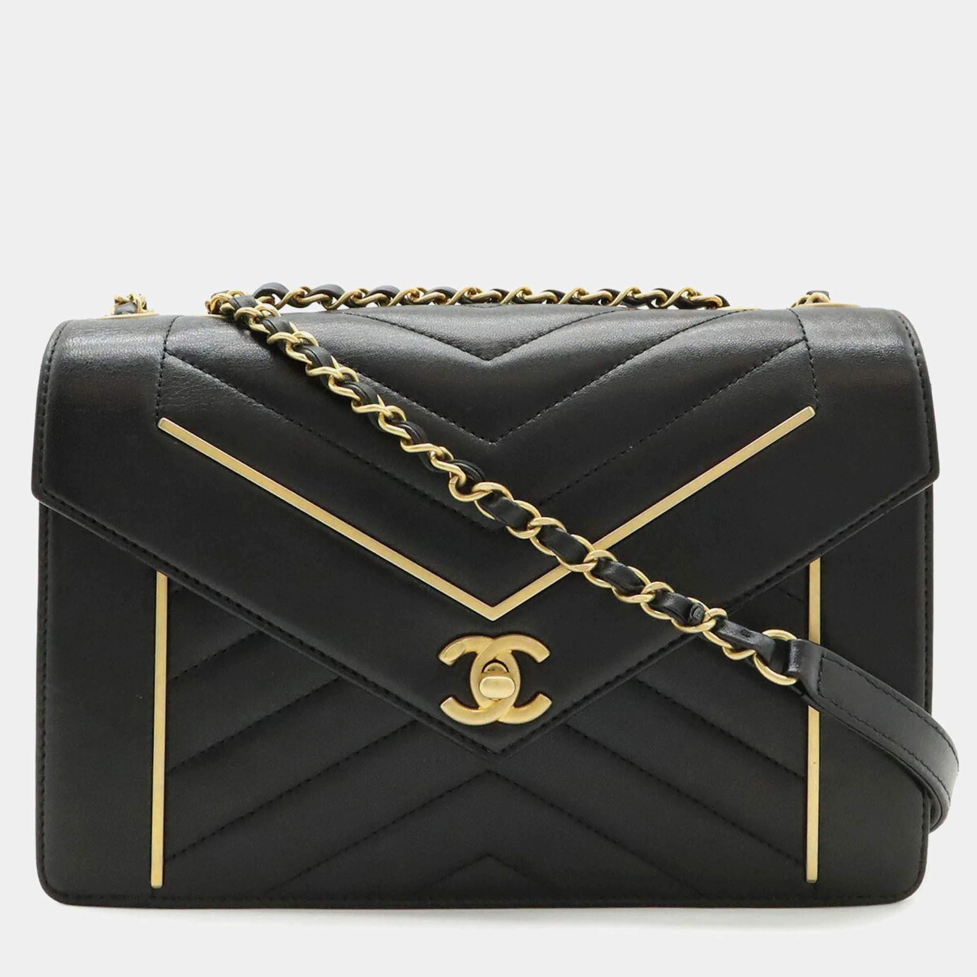 Chanel Chevron Black Lambskin Leather Chain Shoulder Bag