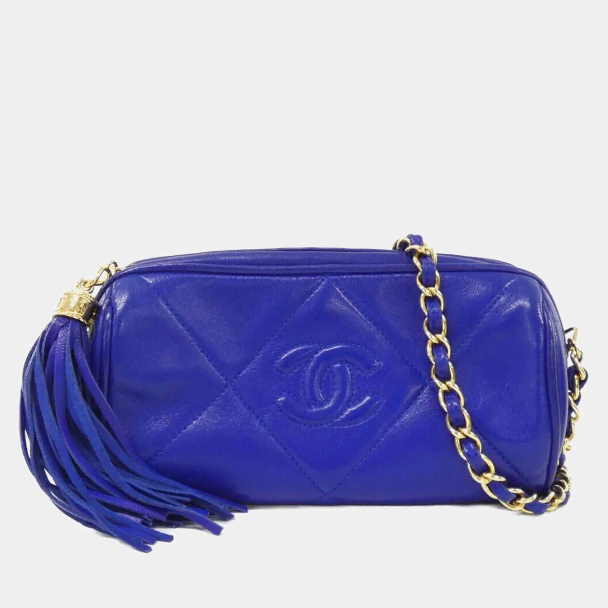 Pre Owned Chanel Tassel CC Blue Quilted Lambskin Leather Barrel Bag
