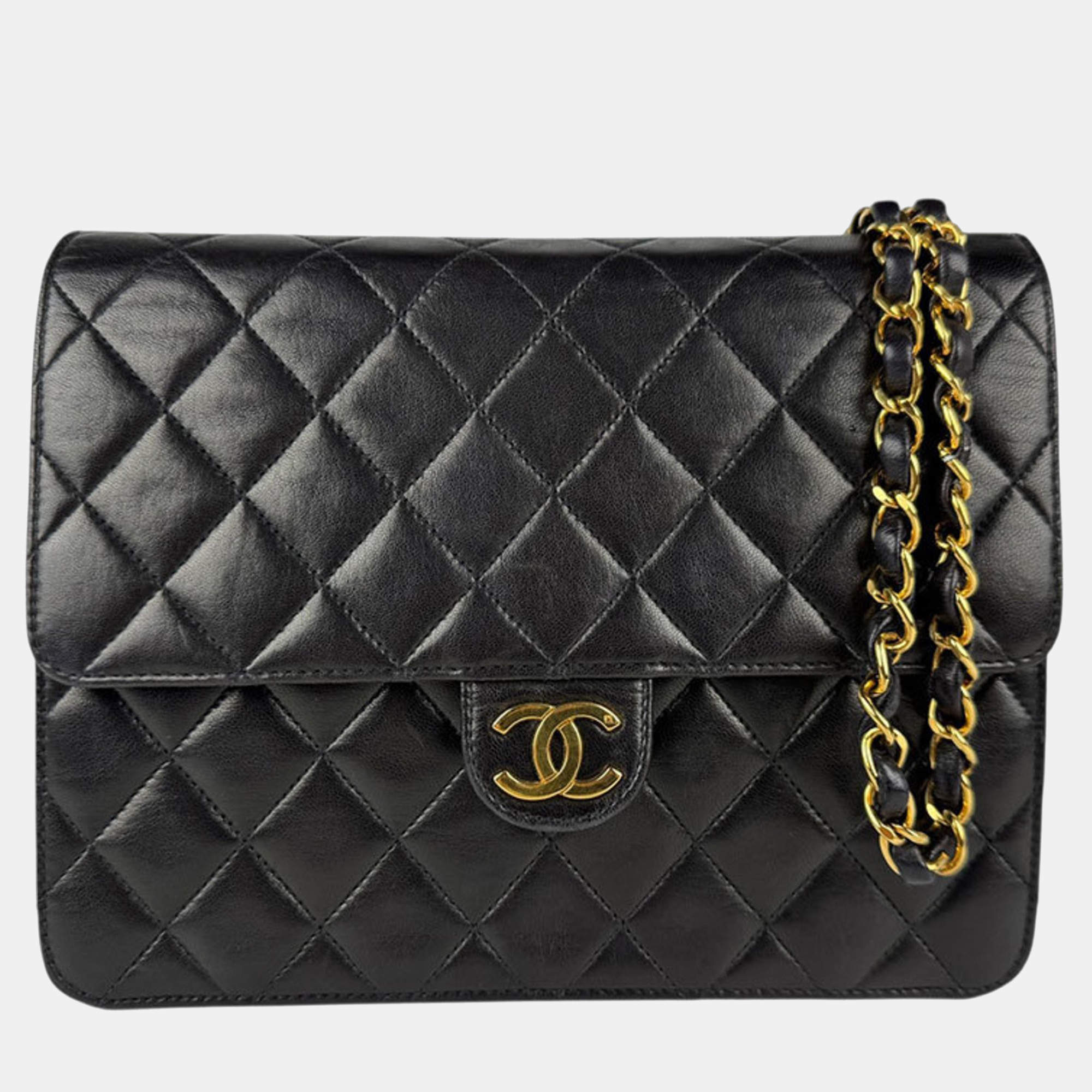Chanel Shoulder Bag Matelasse Leather Metal Black Gold