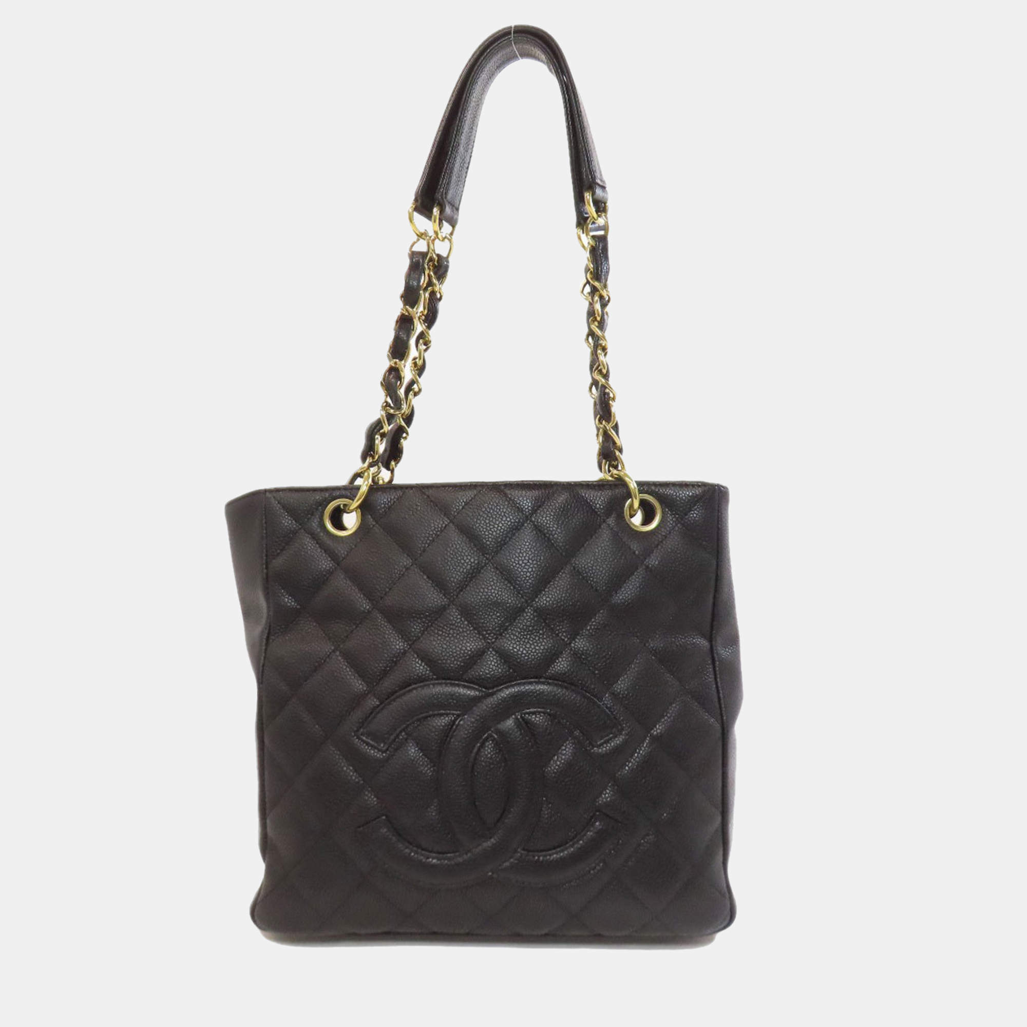Pre Owned Chanel Petite Shopping Black Leather Tote Bag
