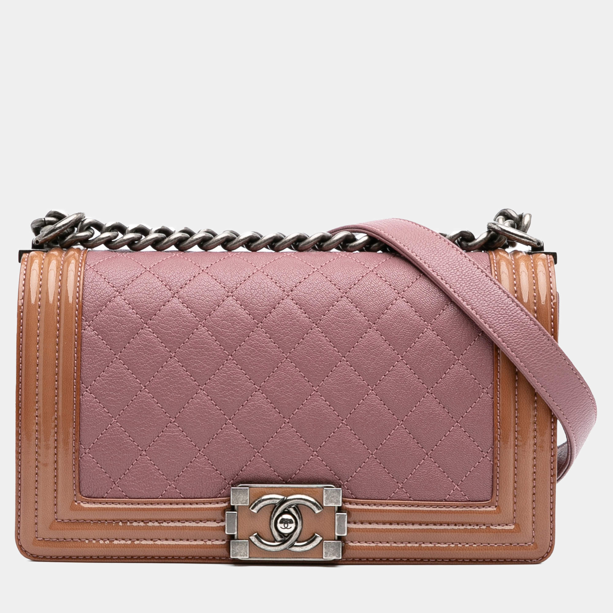 Chanel Pink Old Medium Quilted Goatskin and Patent Duo Boy Flap